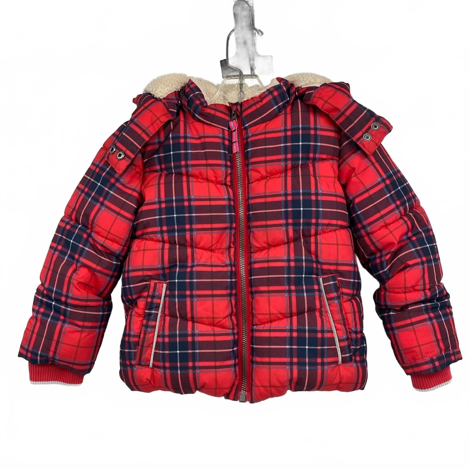 Boden Red Navy Plaid Puffer Coat