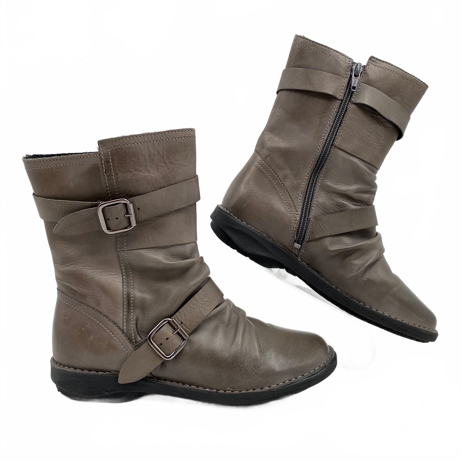 Miz Mooz Gray Pasha Leather Buckle Accent Boots