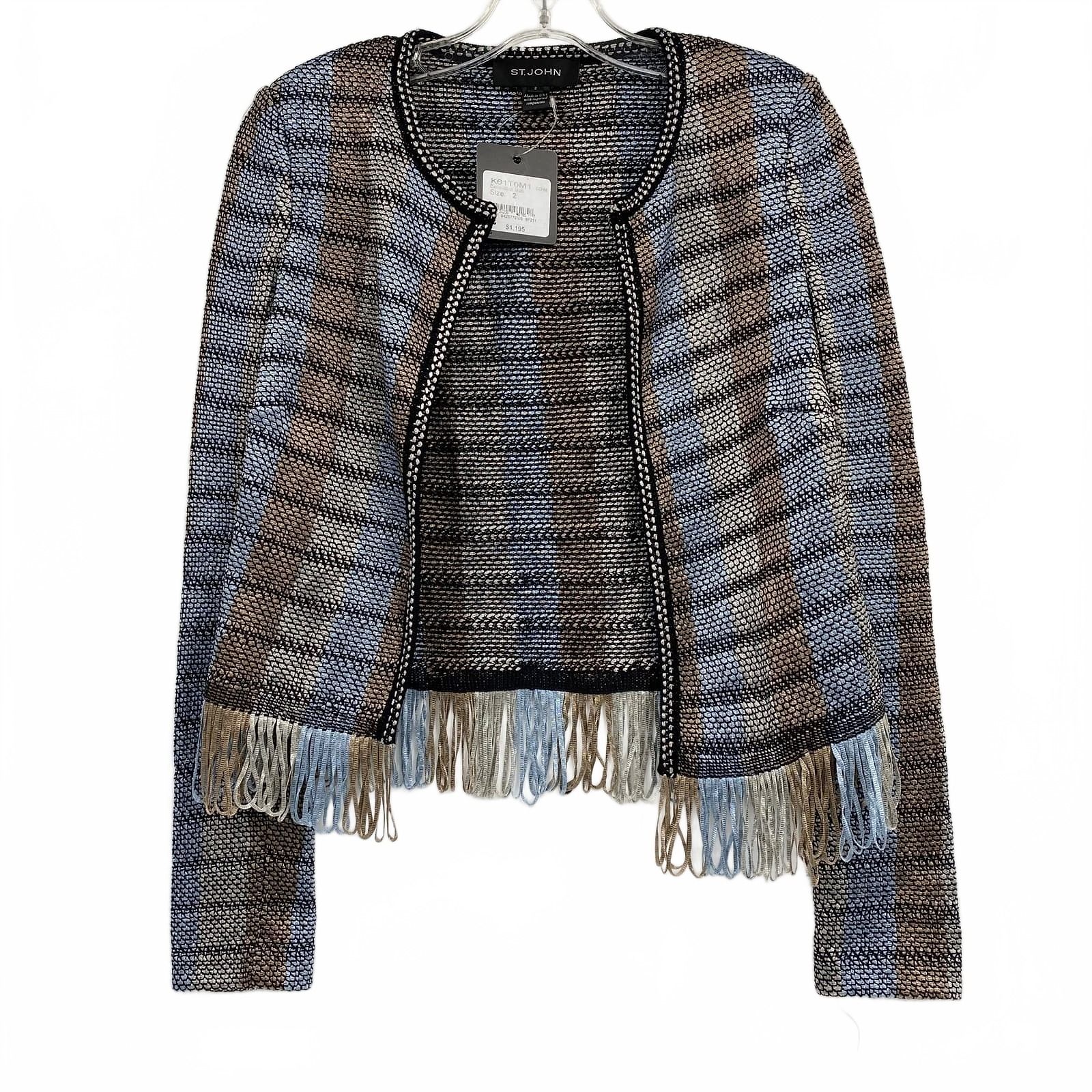 St. John Black Brown Blue Striped Fringe Trim Open Front Jacket