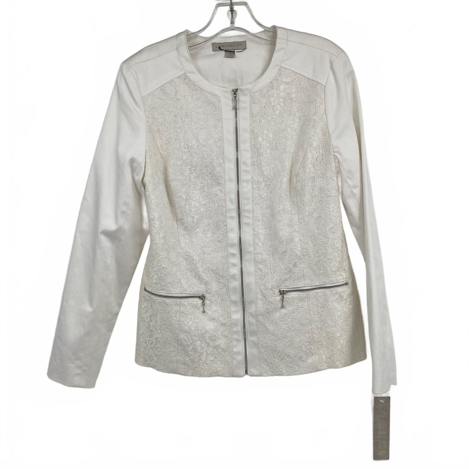 Laura Ashley White Blazer Zip Up Lace Accents