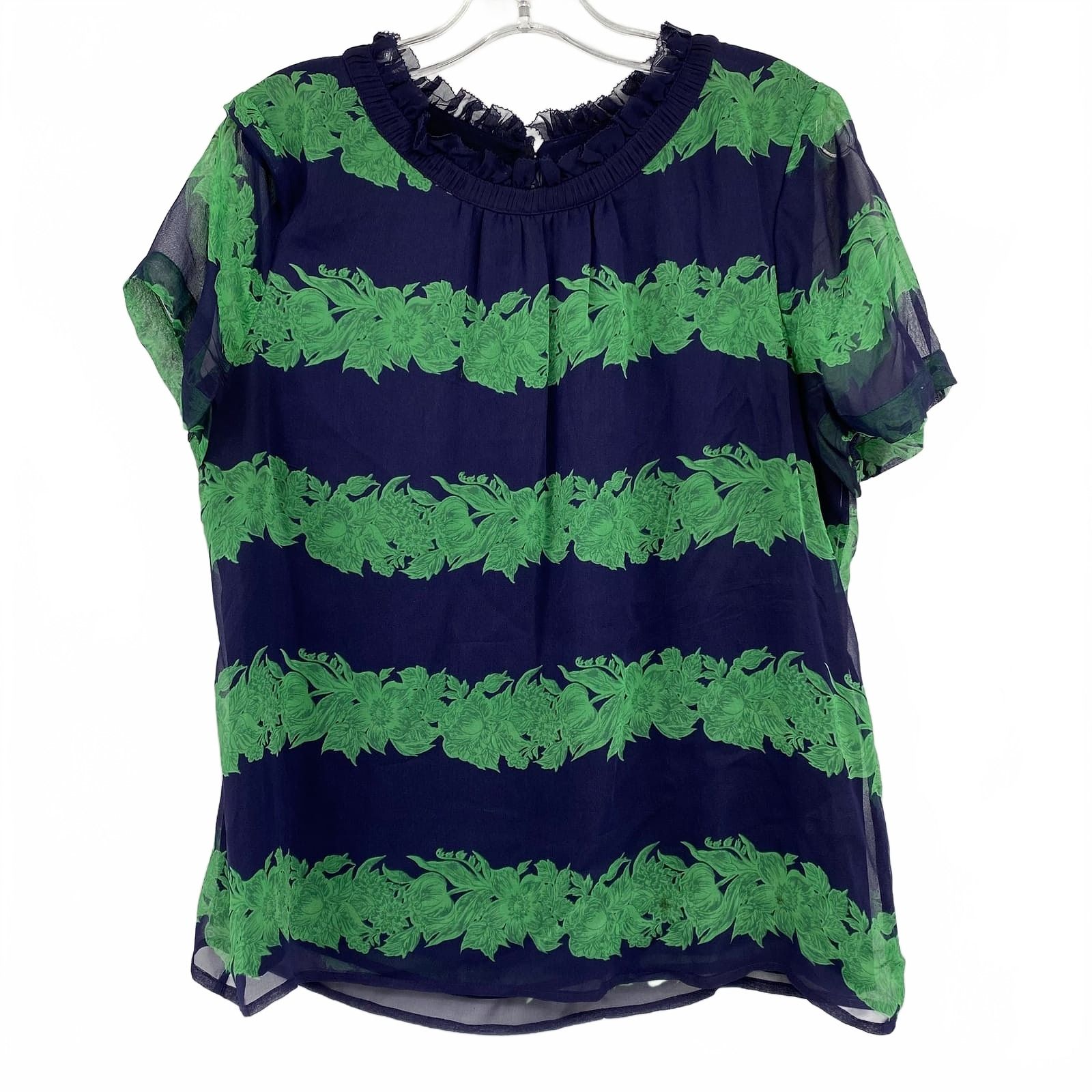 J. Crew Navy/Green Striped Floral Silk Blouse