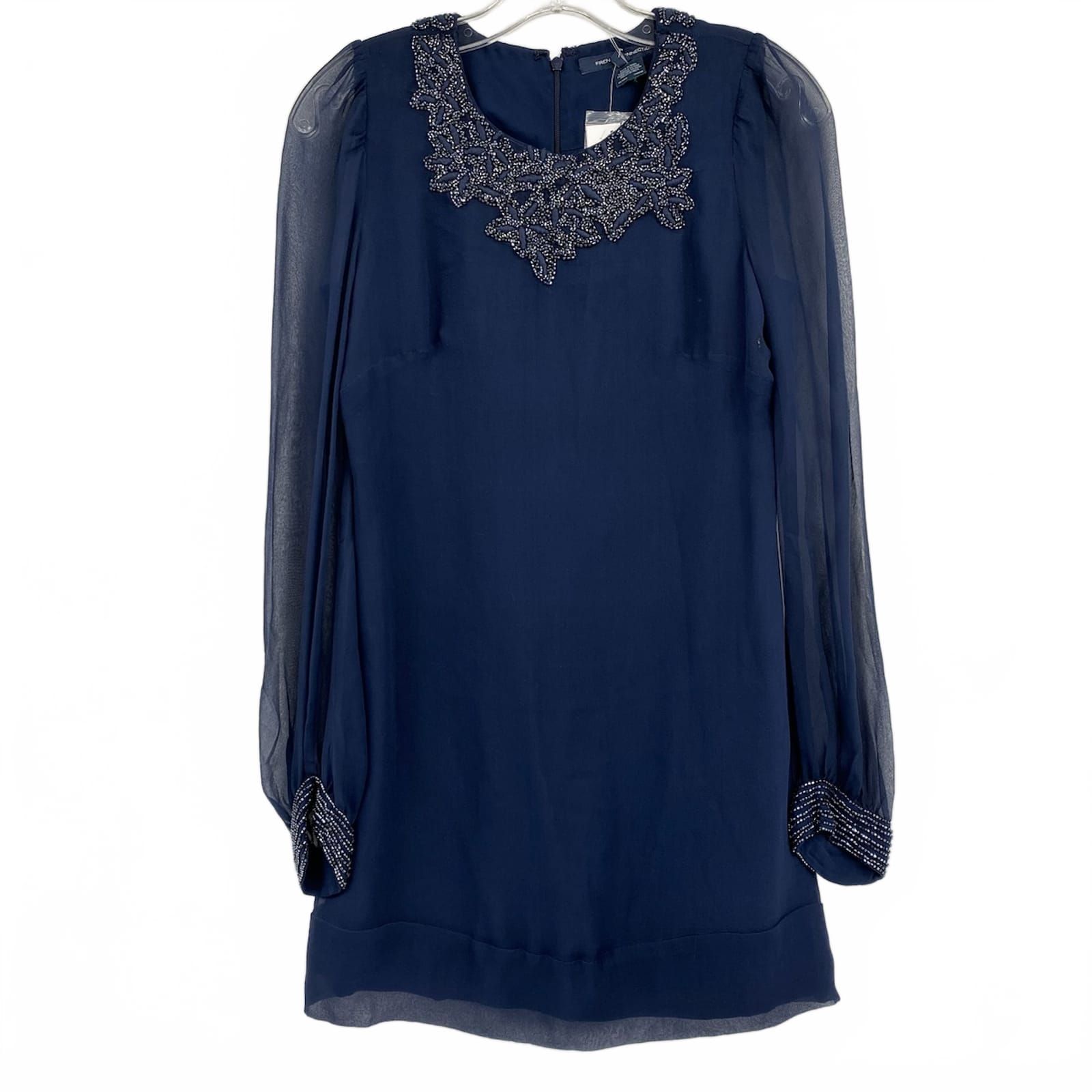 French Connection Navy Beaded Puff Sleeve Mini Dress