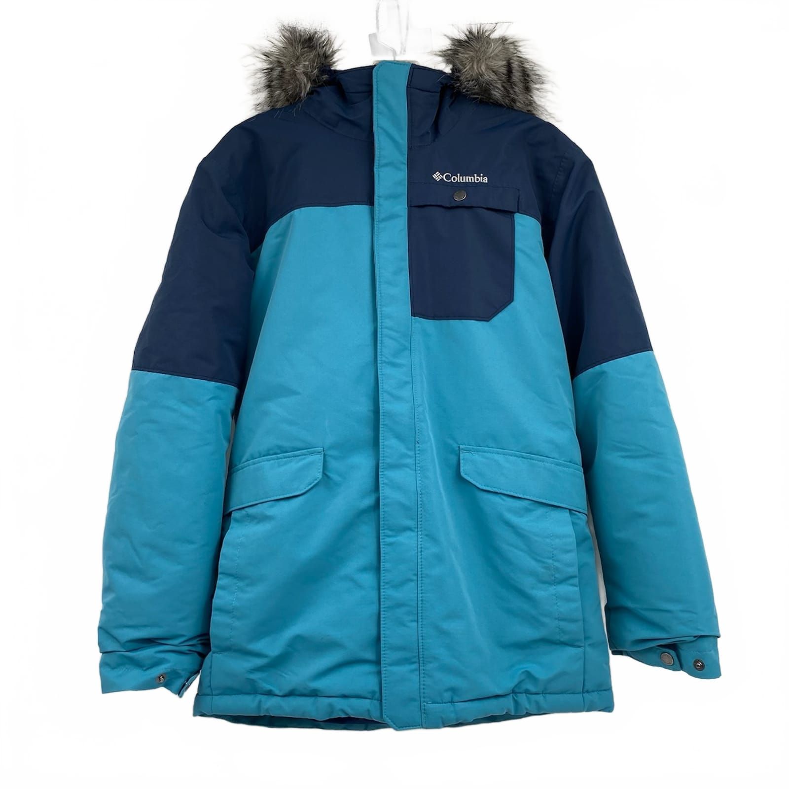 Columbia Blue Faux Fur Trim Hood Winter Coat