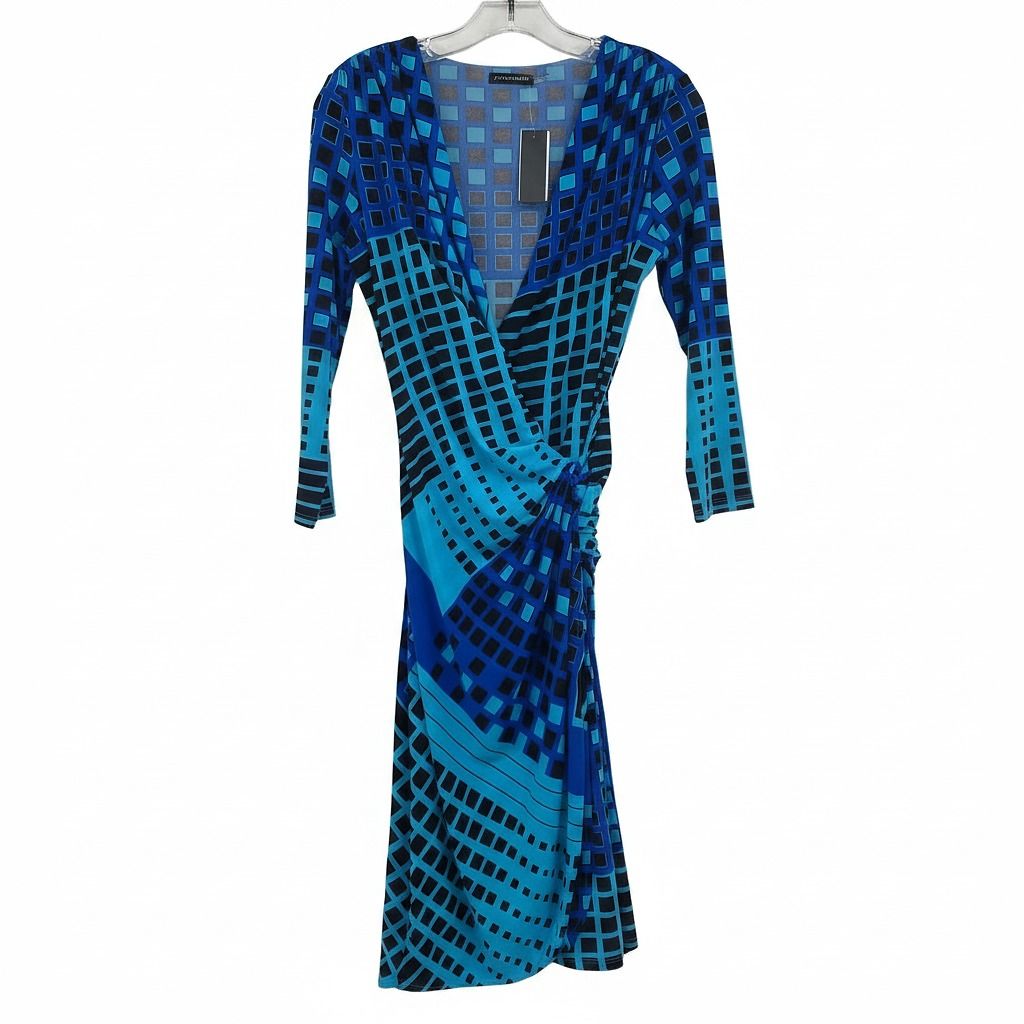 Natori Blue/Black Geometric Print Wrap Midi Dress