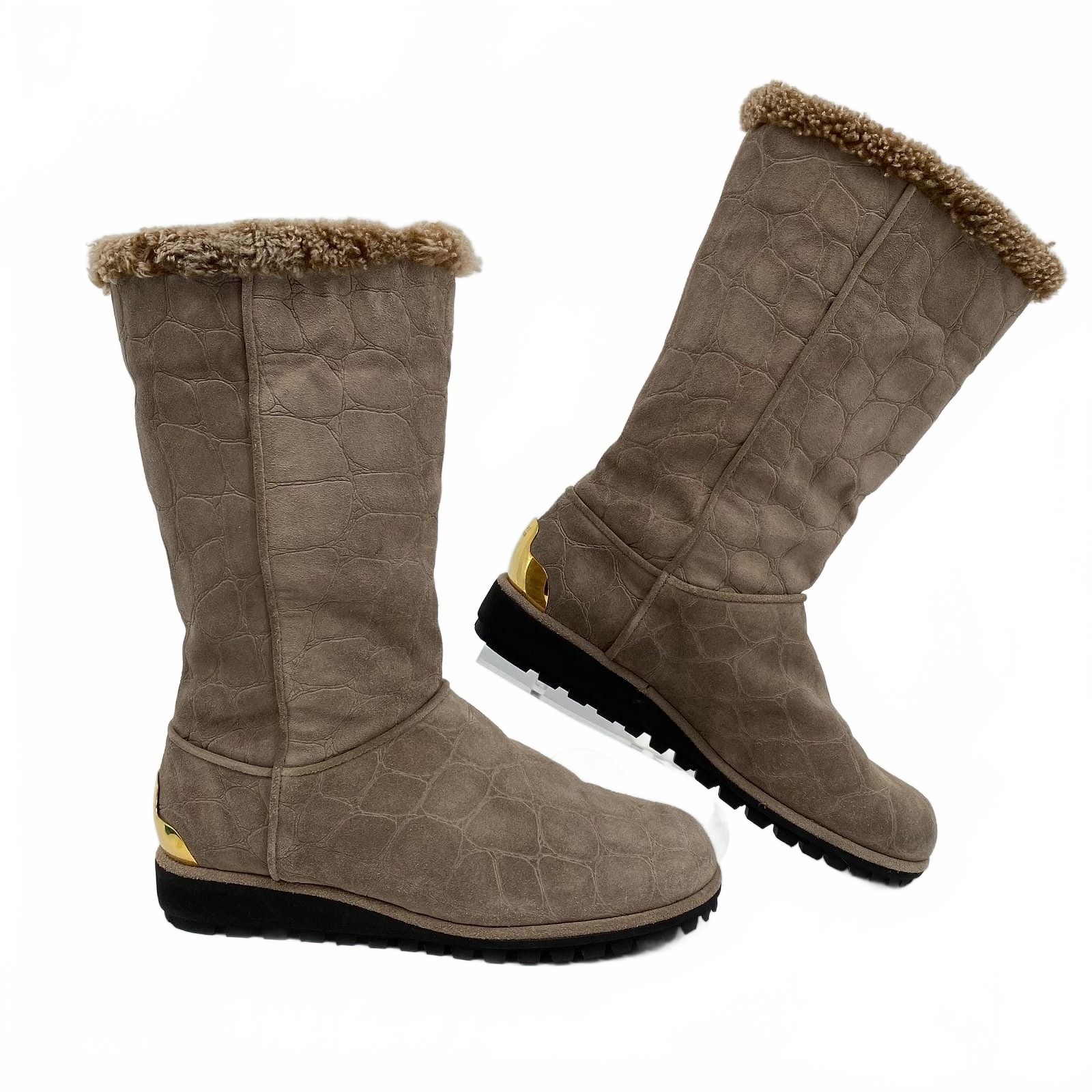 Stuart Weitzman Gray Brown Croc Embossed Mid-Calf Boots