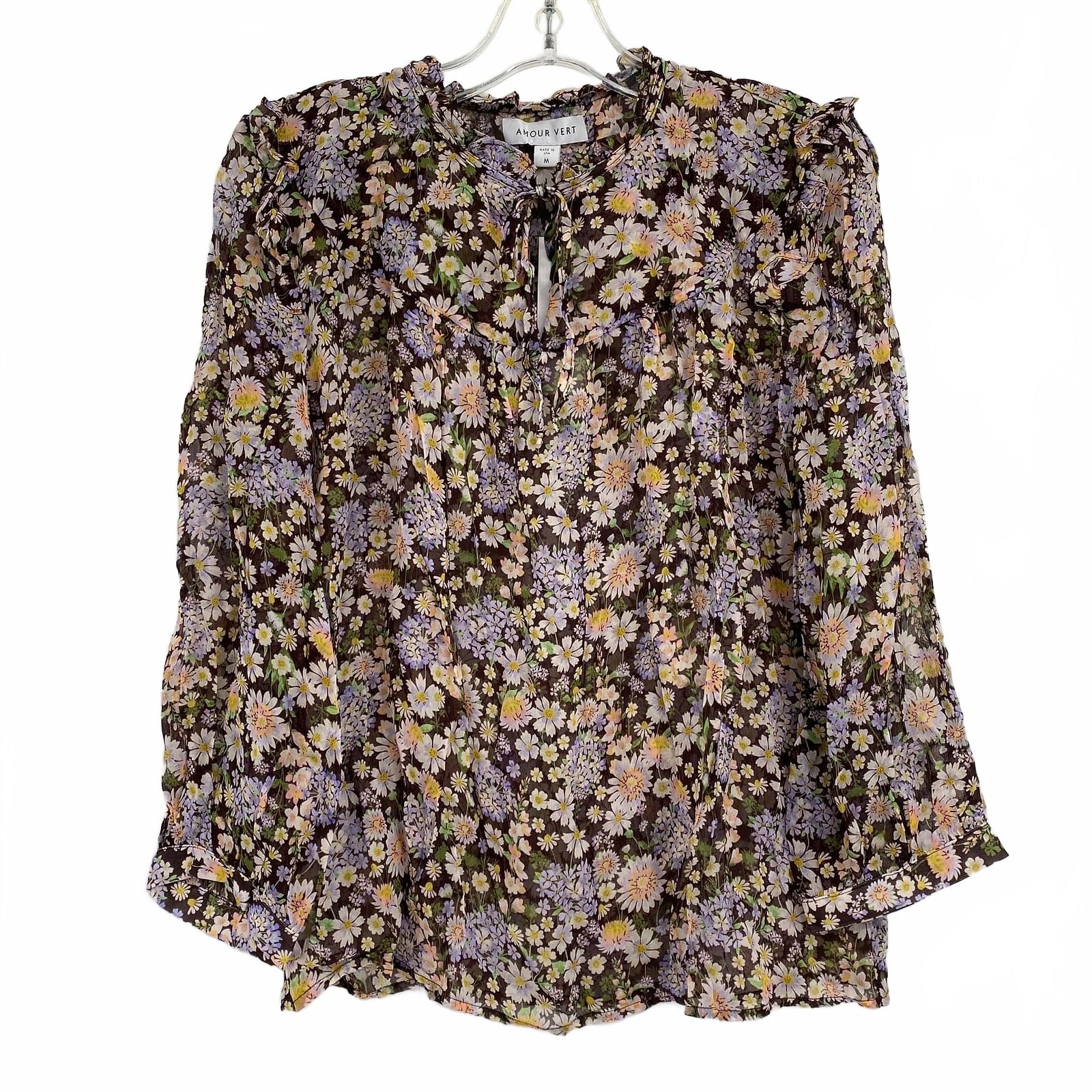 Amour Vert Brown Purple Camila Sheer Floral Blouse
