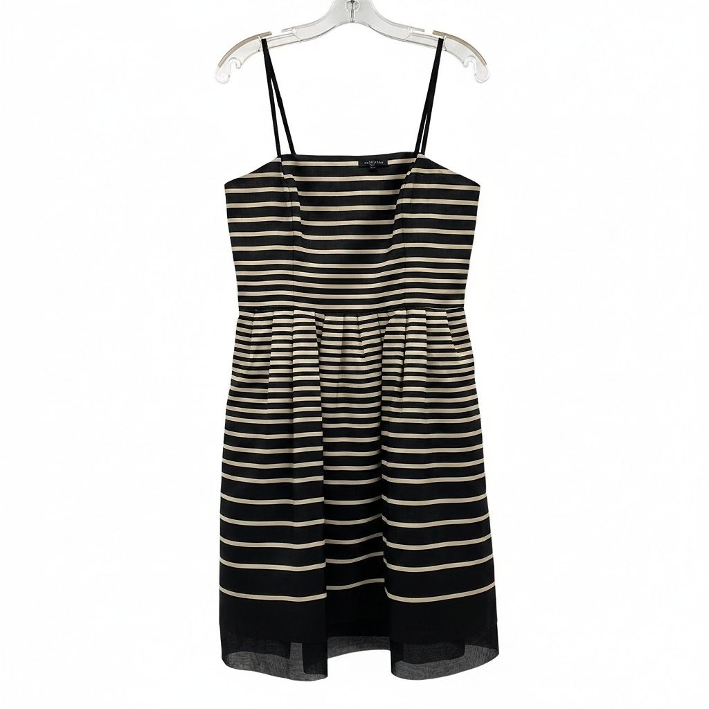 Taylor Black Beige Striped Pleated Mini Dress