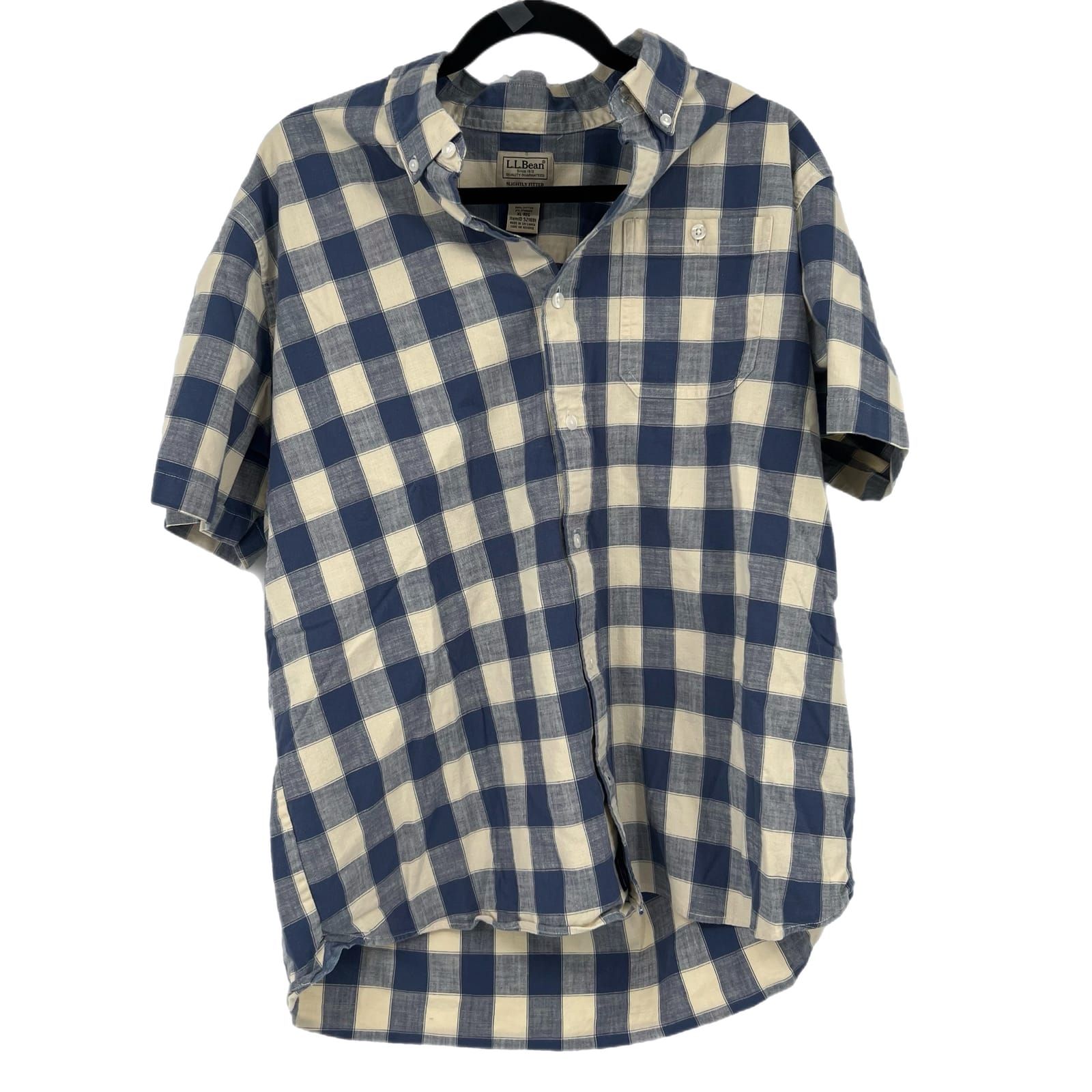 L.L. Bean Blue Cream Polo Shirt Plaid Short Sleeve