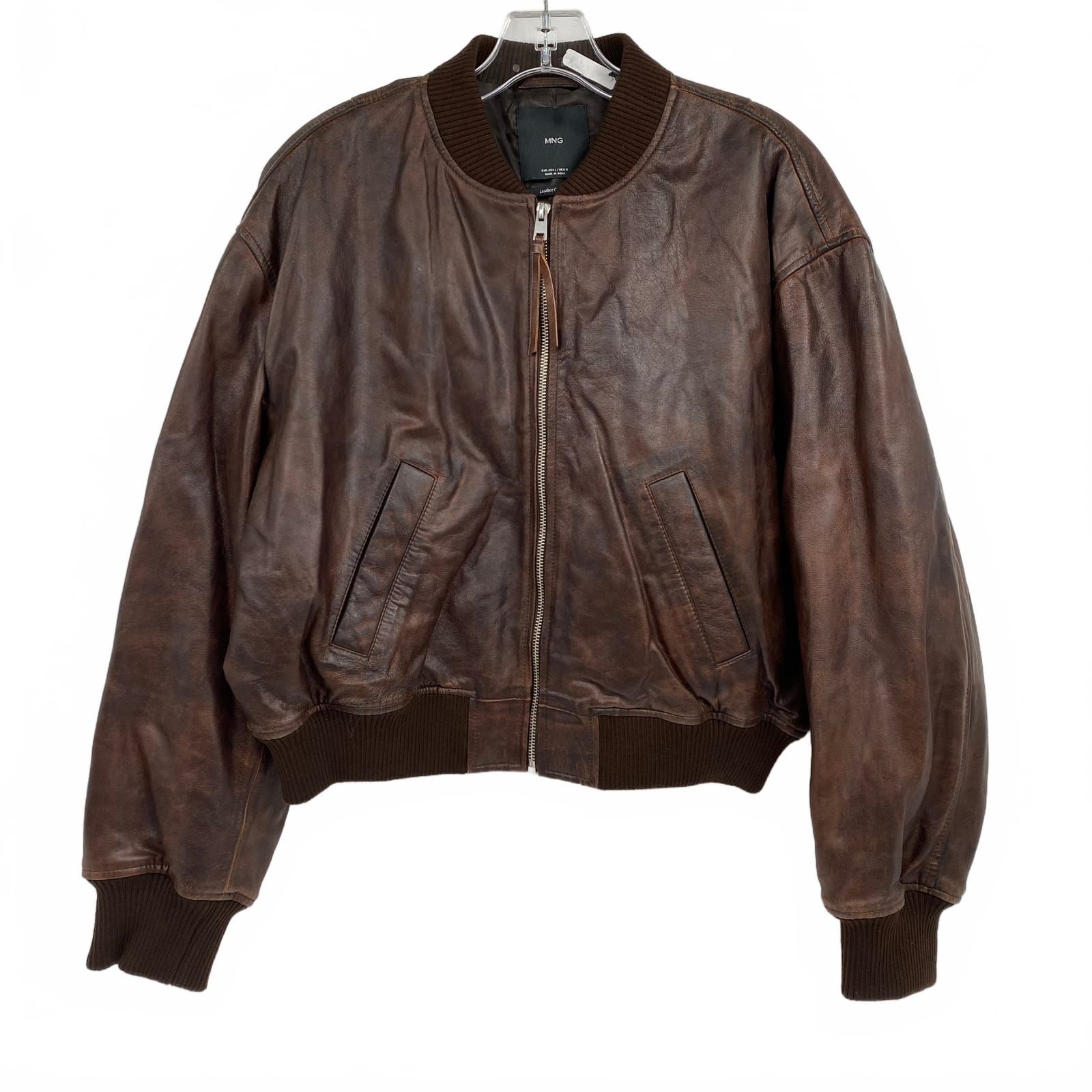 MNG Brown Leather Bomber Jacket