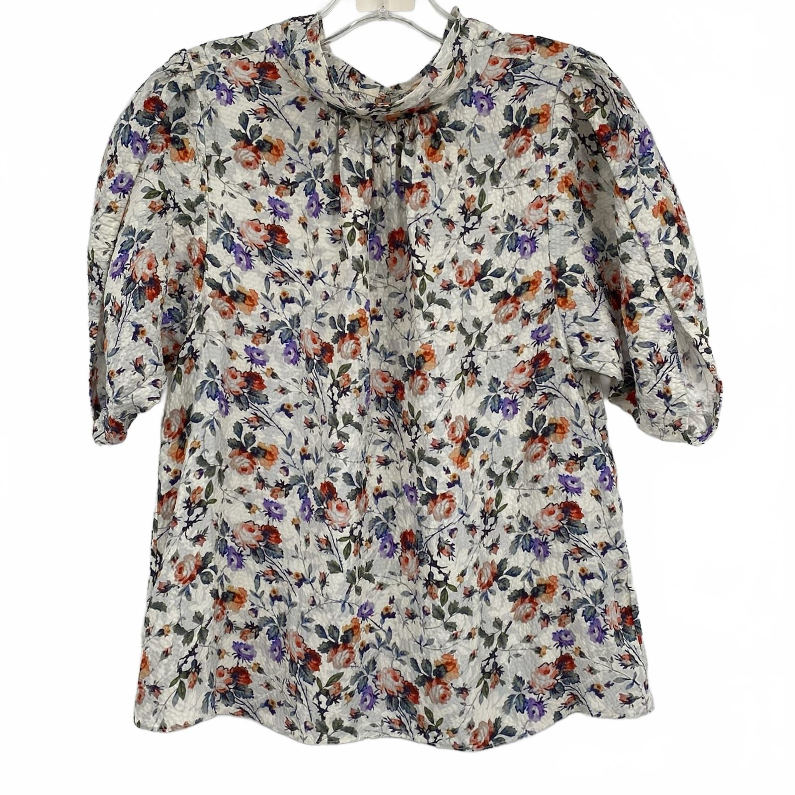 Rebecca Taylor Cream Purple Floral Silk Mock Neck Top