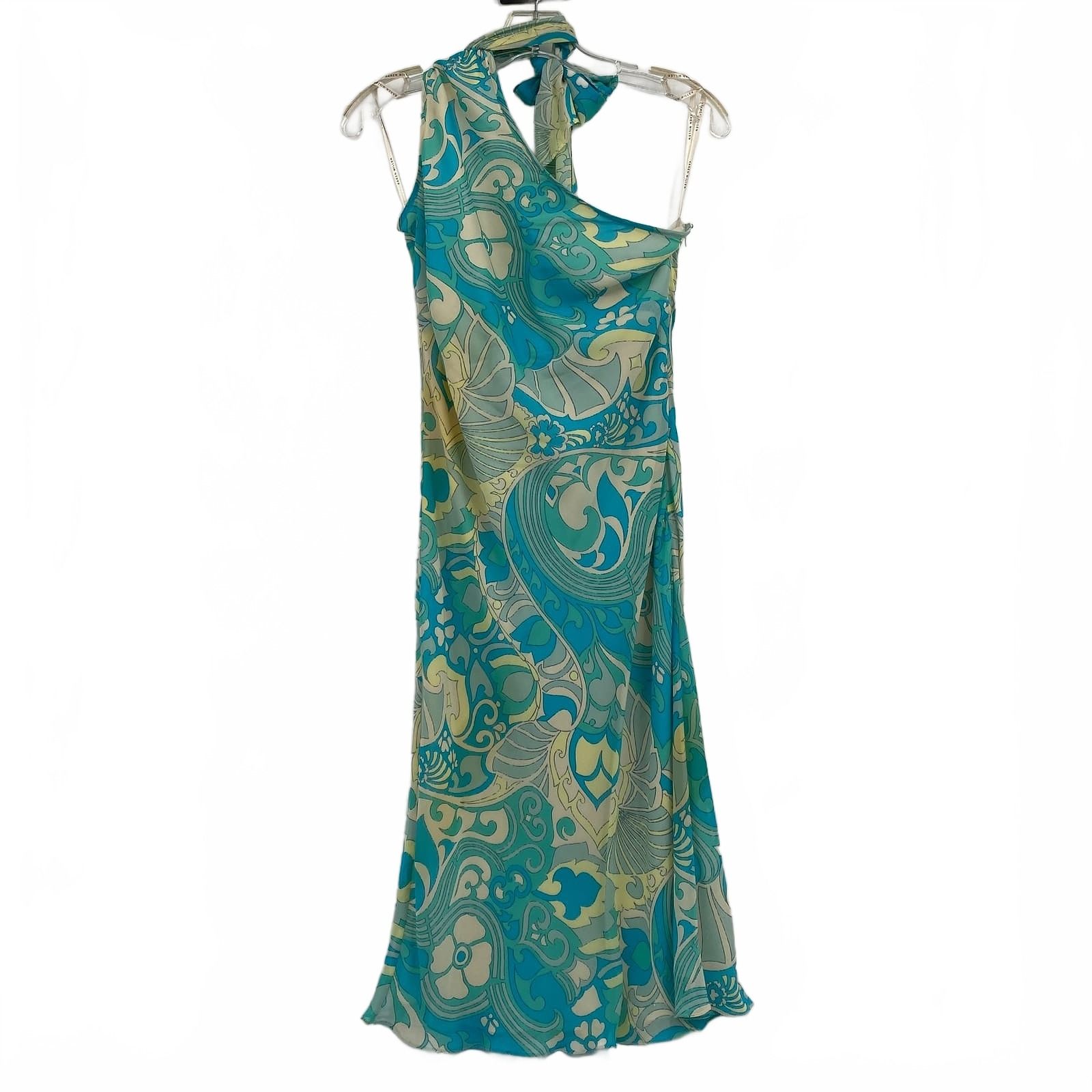 Karen Millen Blue Yellow Silk One Shoulder Halter Midi Dress