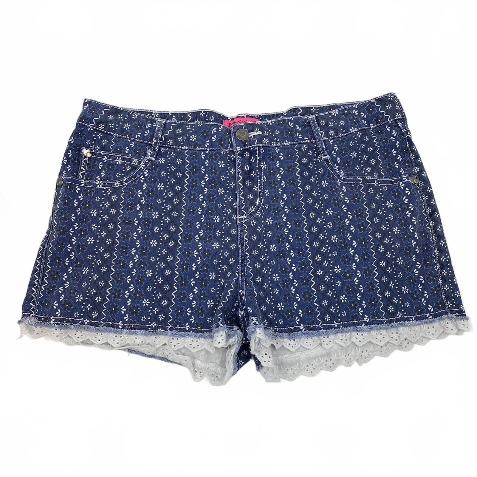 Betsey Johnson Dark Wash Paisley Lace Trim Jean Shorts