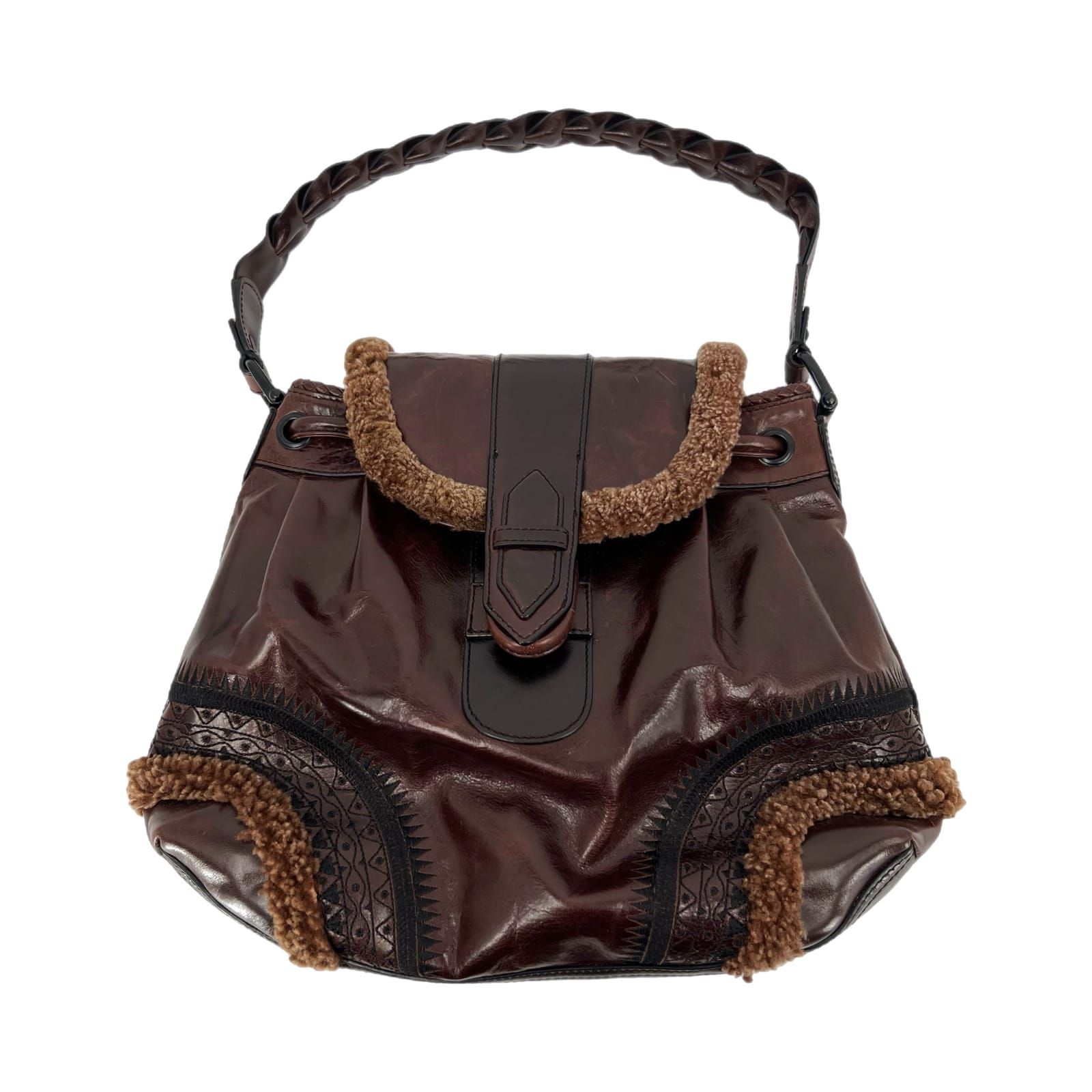 Cole Haan Brown Leather Fur Trim Embroidered Shoulder Bag