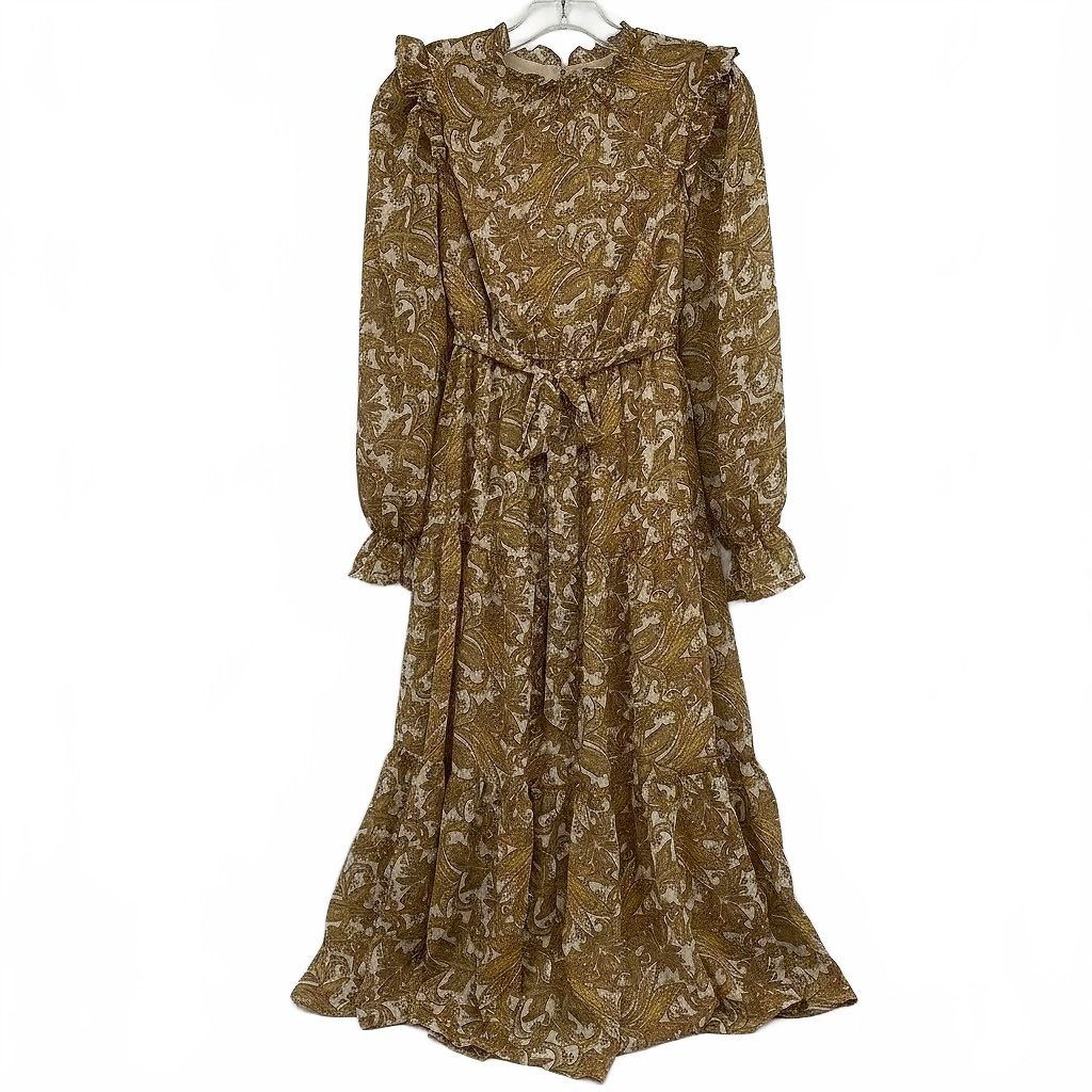 Moon River Gold Paisley Puff Sleeve Midi Dress
