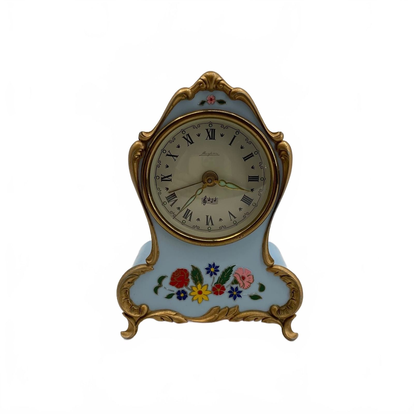 Reuge Blue Gold Vintage Floral Musical Clock