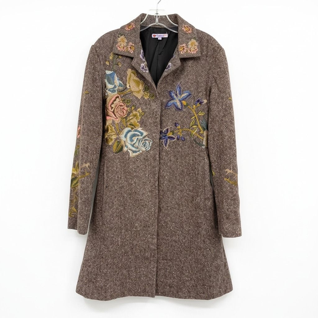 Frikonne Brown Wool Floral Embroidered Pea Coat