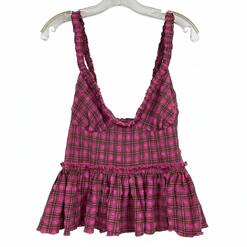 Free People Pink Green Plaid Textured Peplum Tank Top