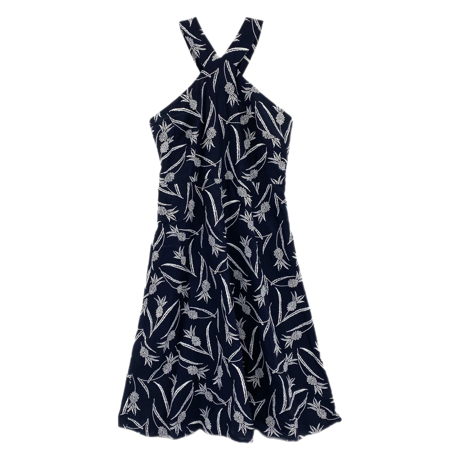 Ann Taylor Navy Blue & White Embroidered Pineapple Midi Dress