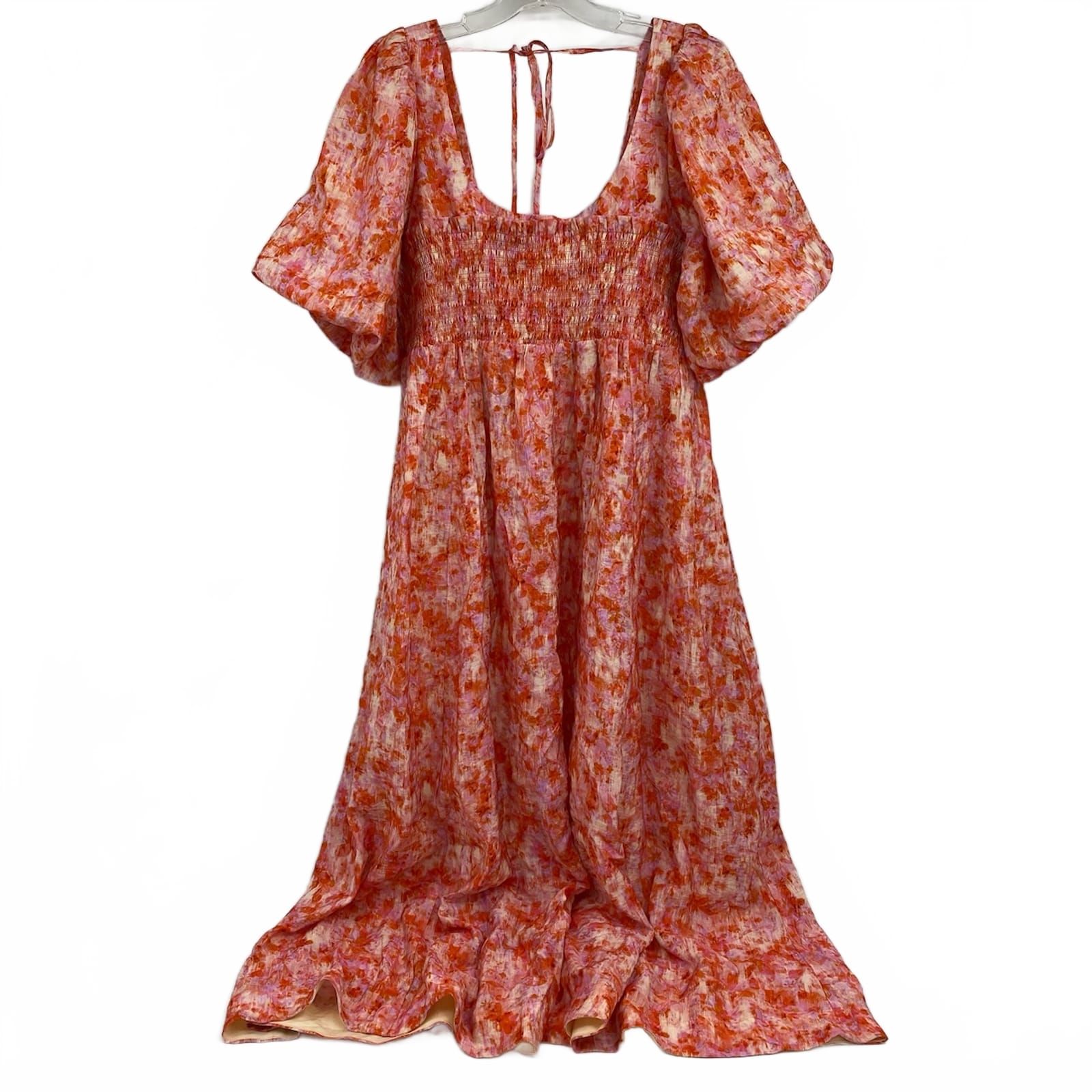 Anthropologie Orange Purple Watercolor Floral Puff Sleeve Maxi Dress