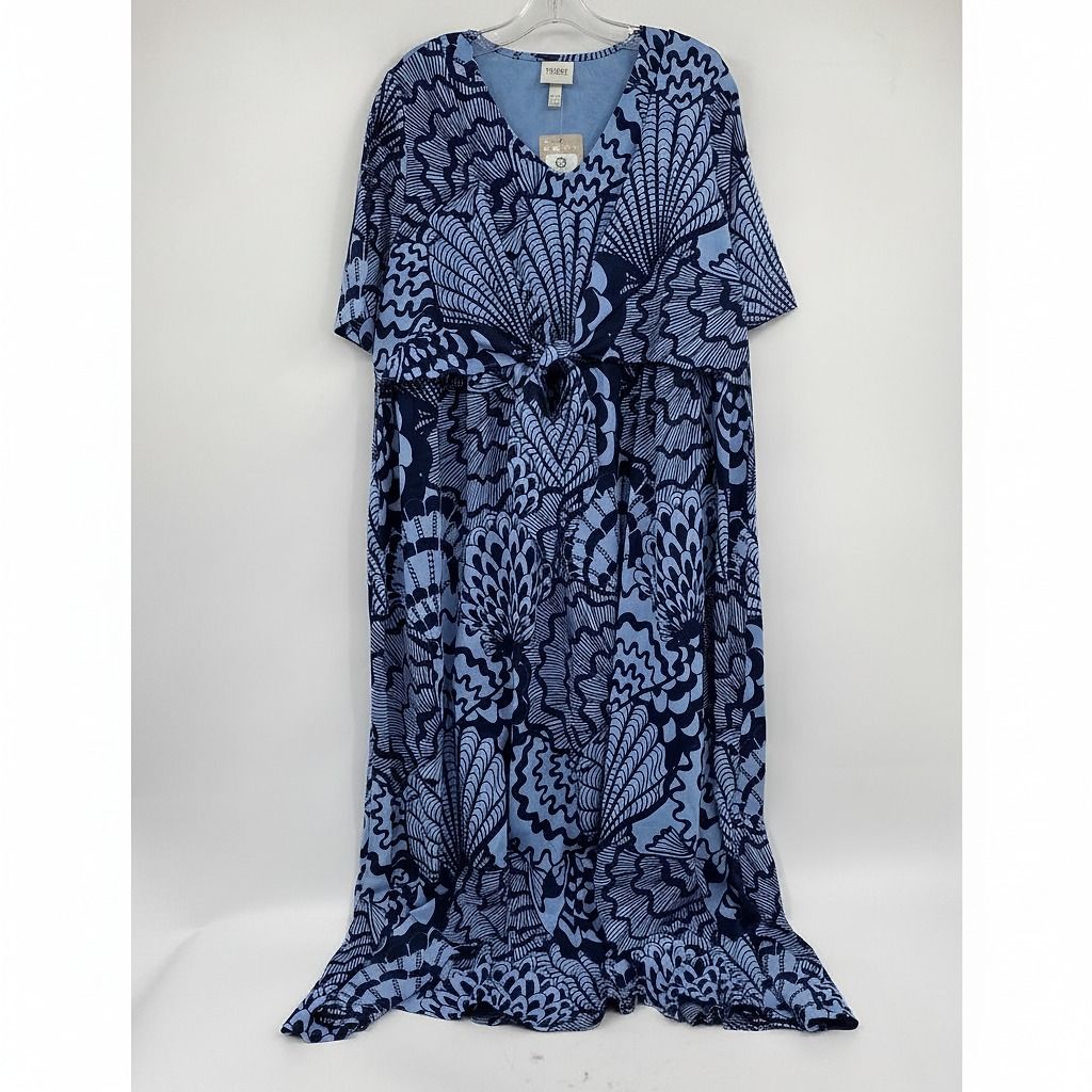 Ulla Popken Blue Patterned Tie Front Maxi Dress