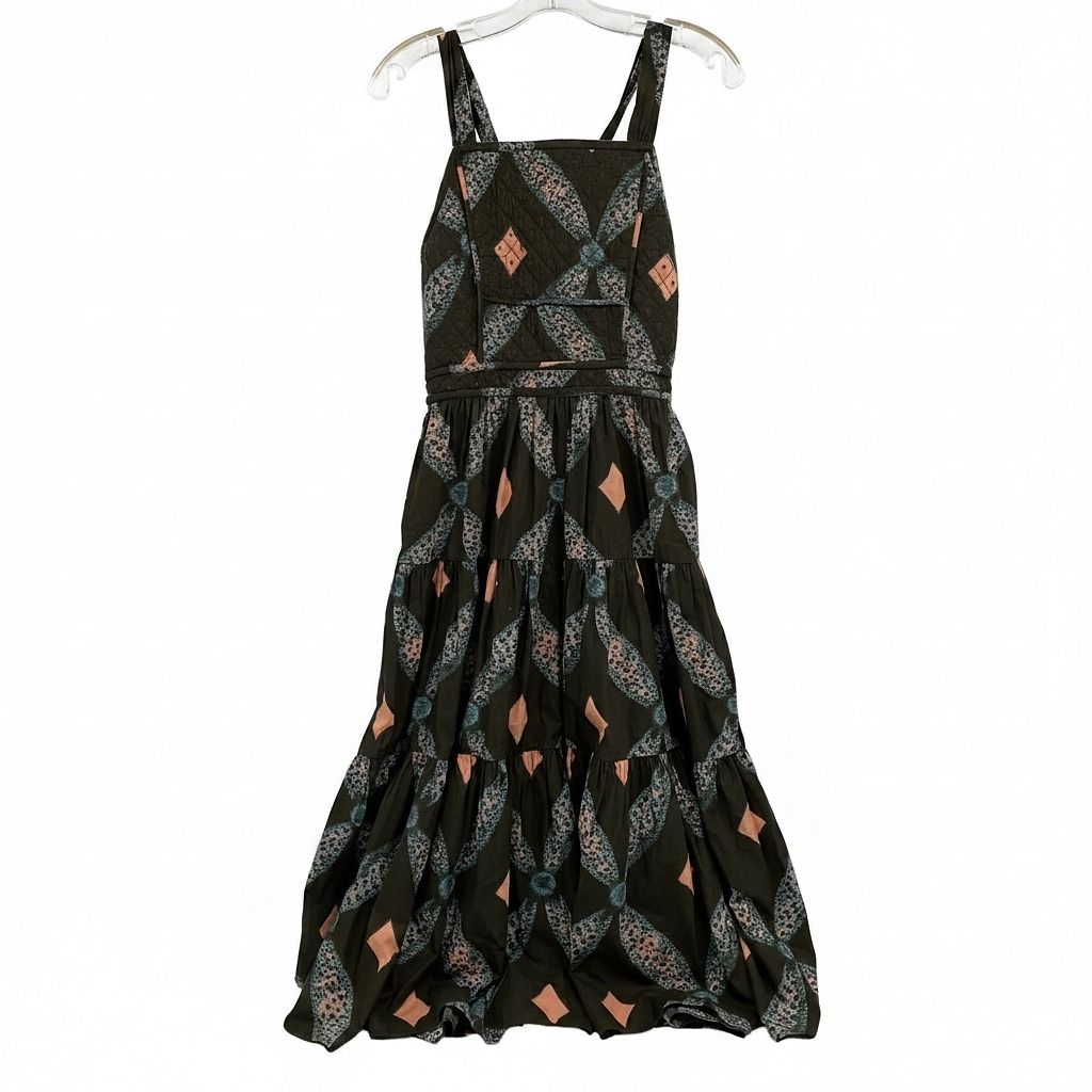 Ulla Johnson Green Pink Quilted Top Midi Dress
