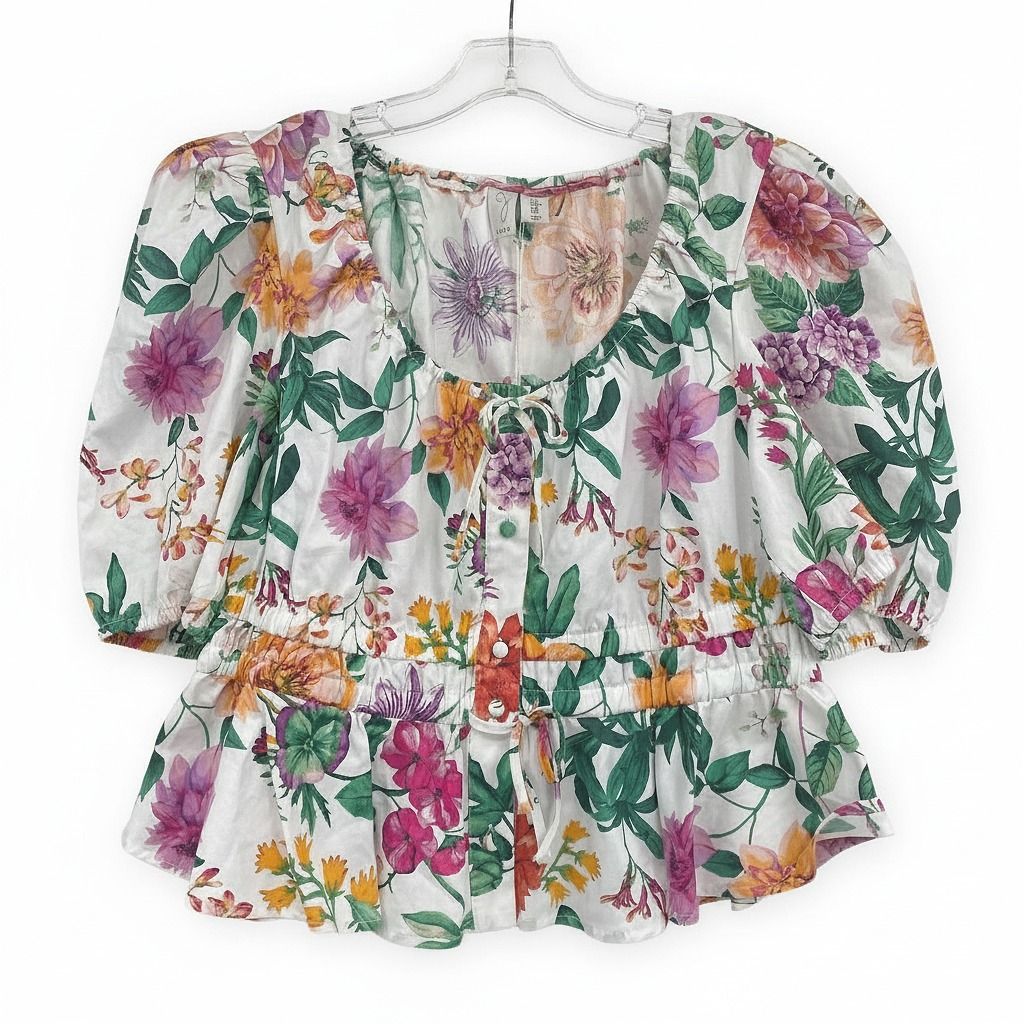 Joie White Green Pink Floral Puff Sleeve Blouse