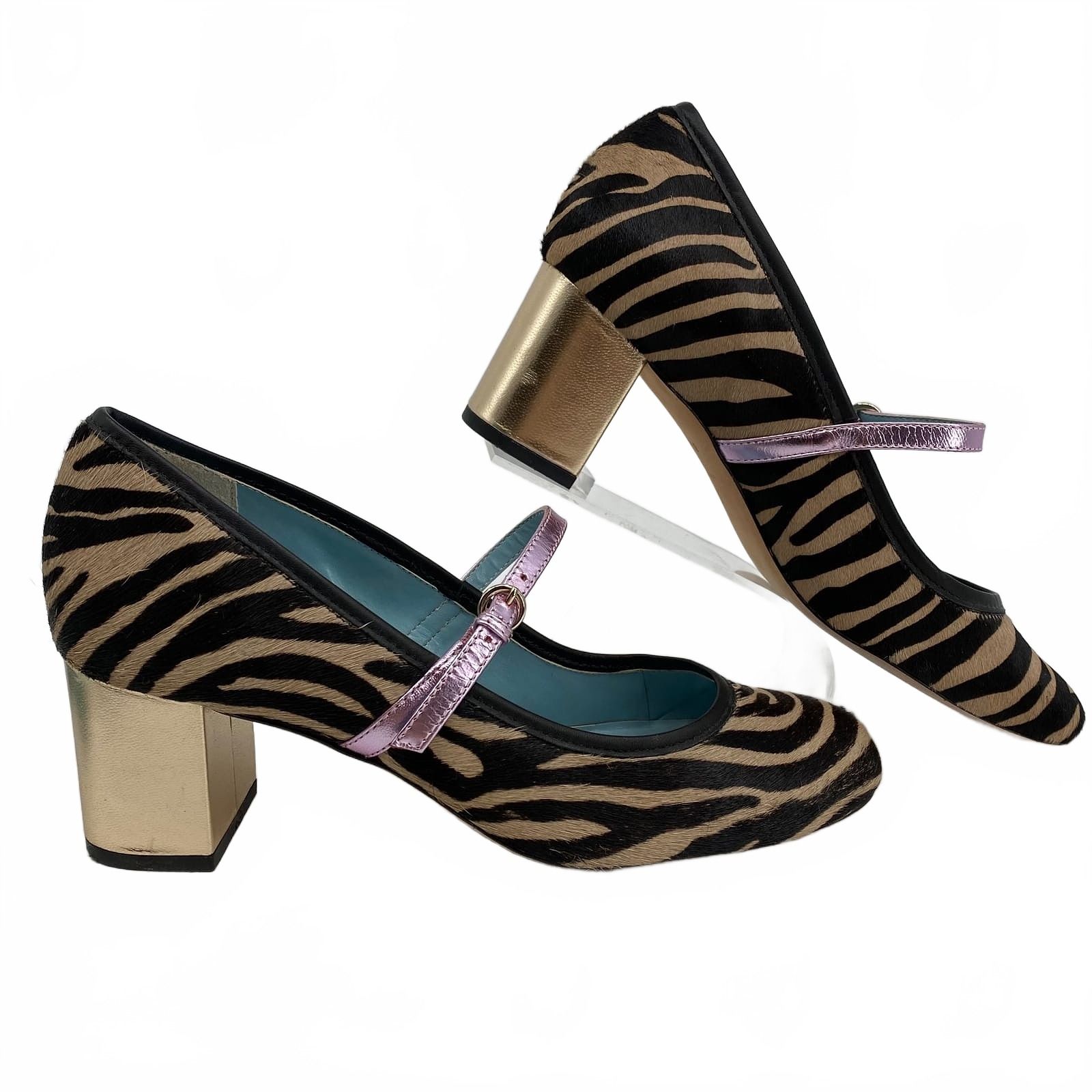 Frances Valentine Black Brown Heels Zebra Mary Jane