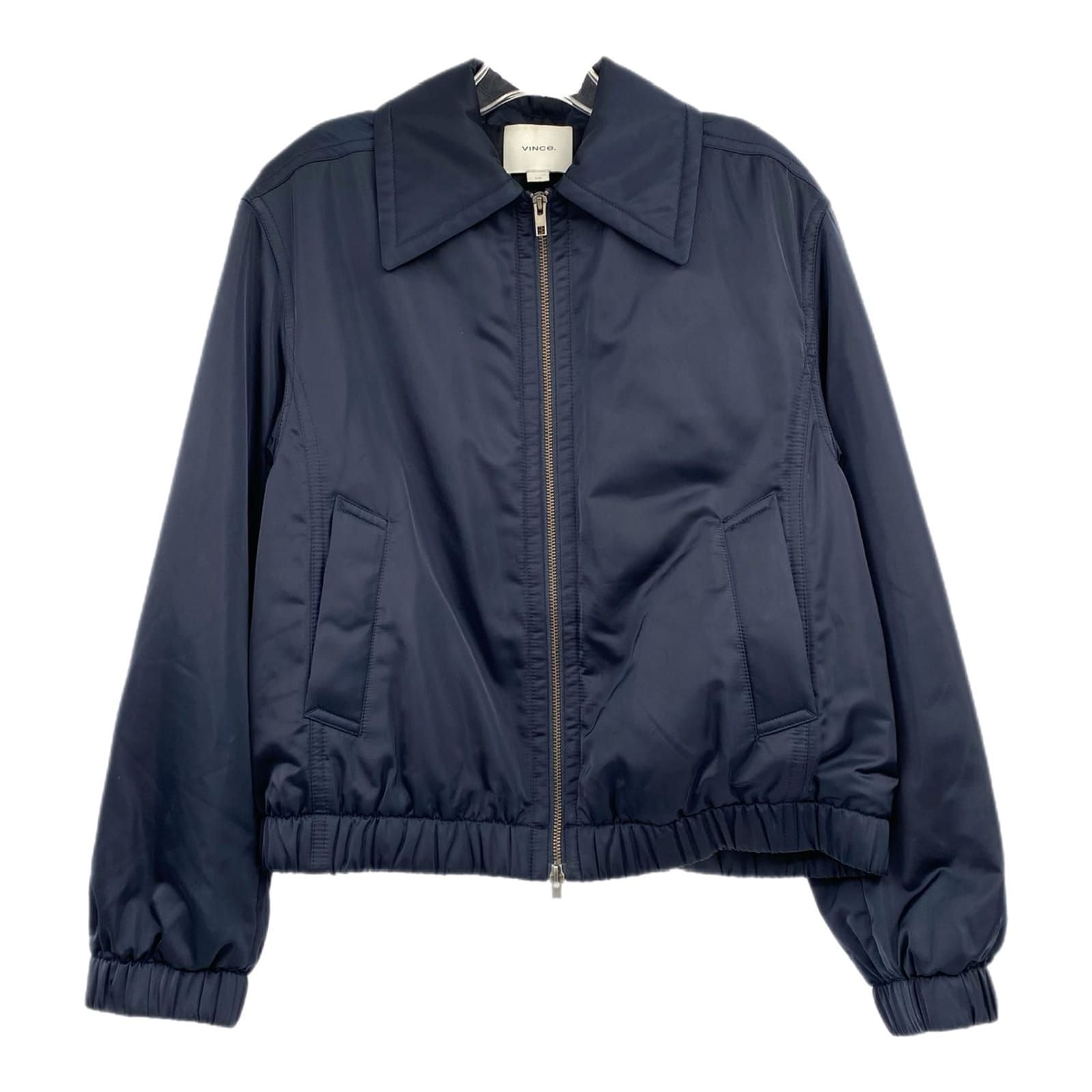 Vince Navy Blue Satin Collared Bomber Jacket