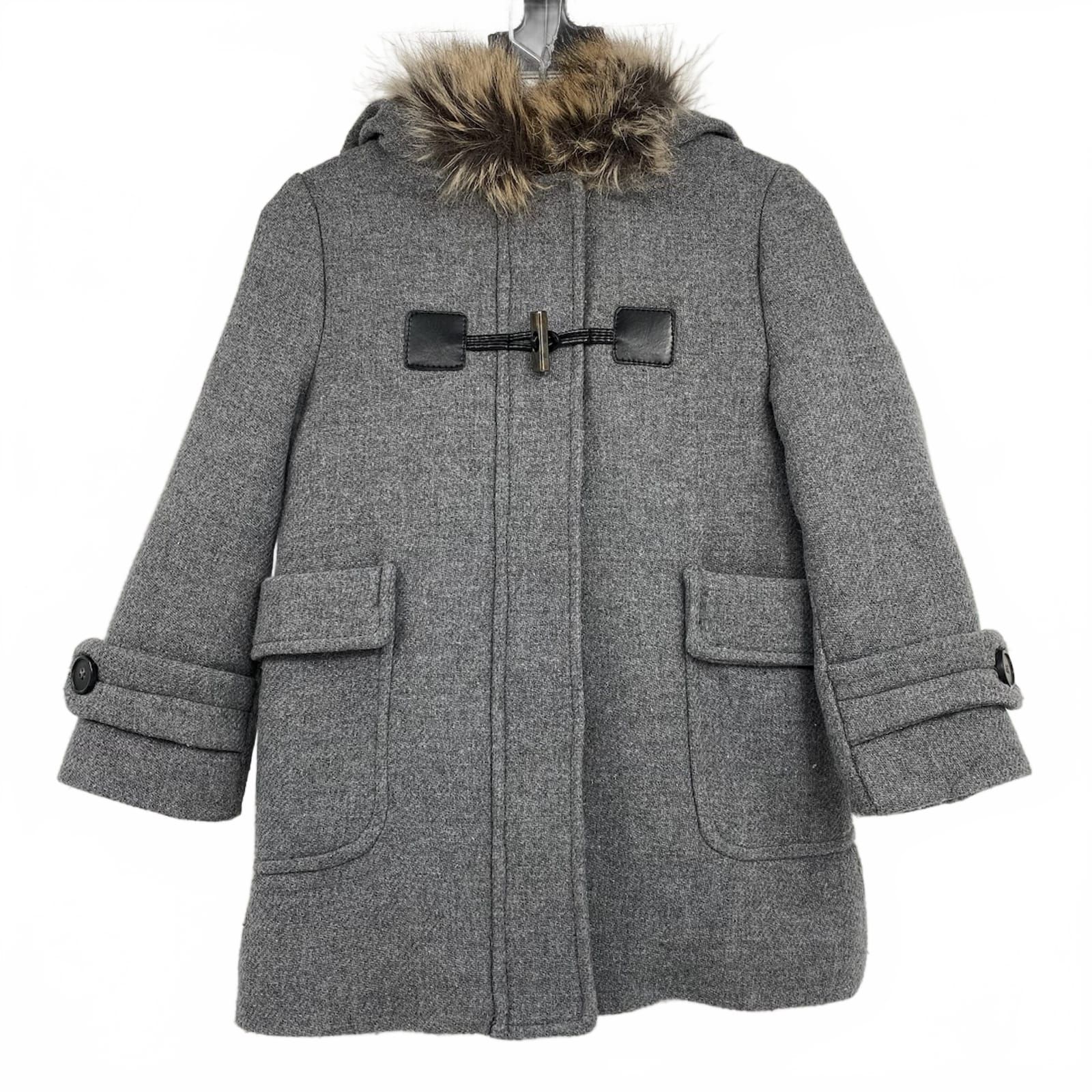Zara Gray Faux Fur Lined Hood Wool Blend Coat