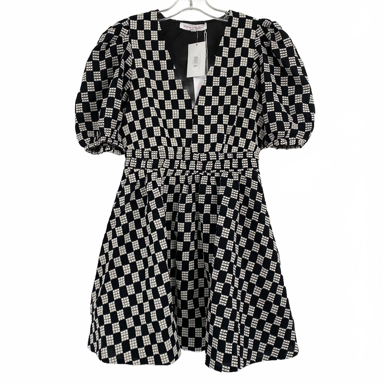 Meet Me In Santorini Black White Averi Checkered Puff Sleeve Mini Dress