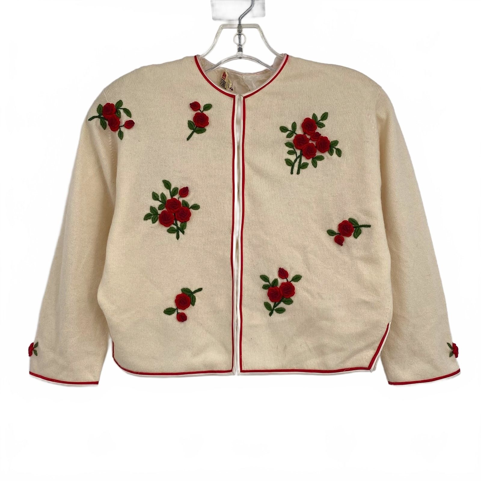 Pringle Cream Red Vintage Embroidered Rose Cashmere Cardigan