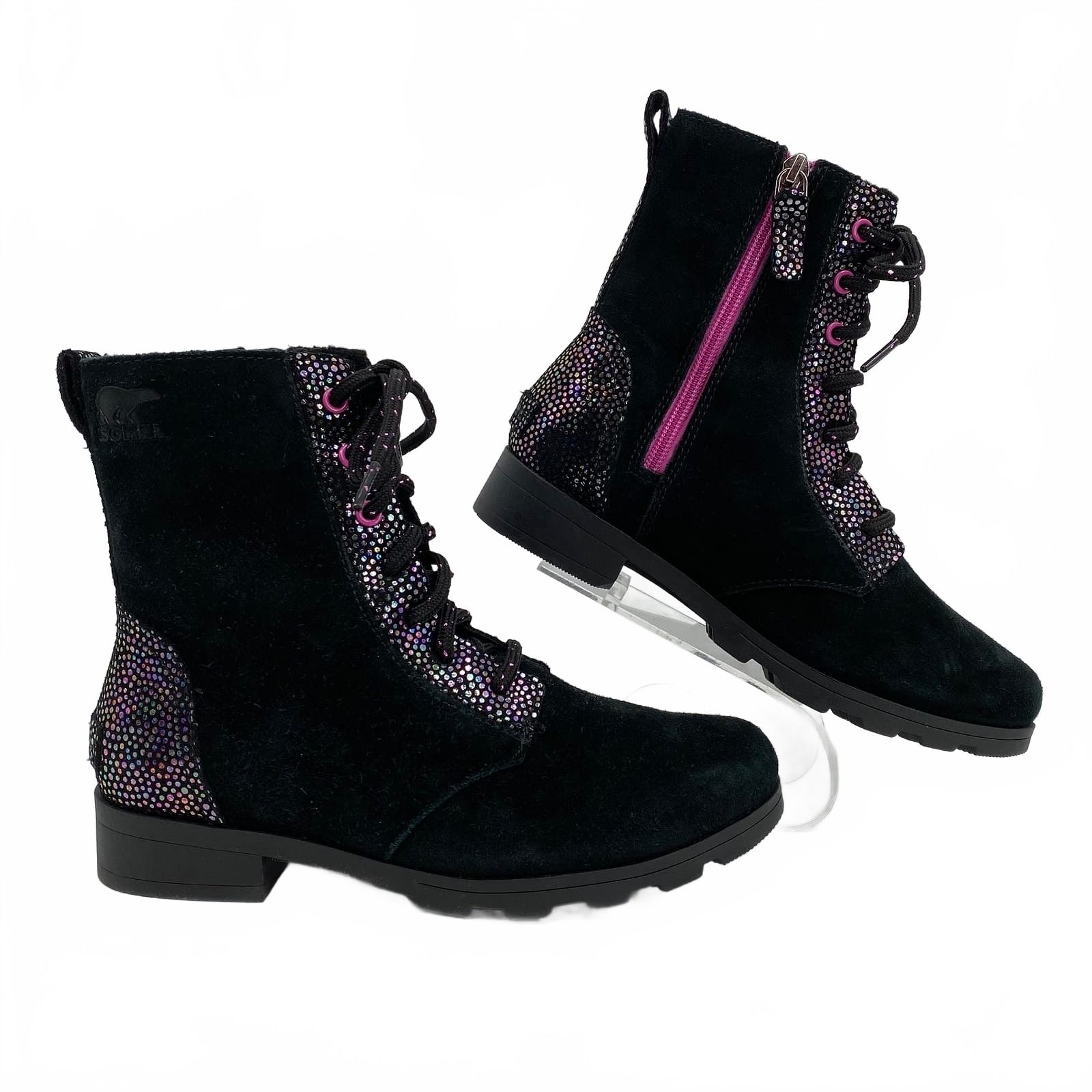 Sorel Black Pink Sparkle Lace-Up Boots
