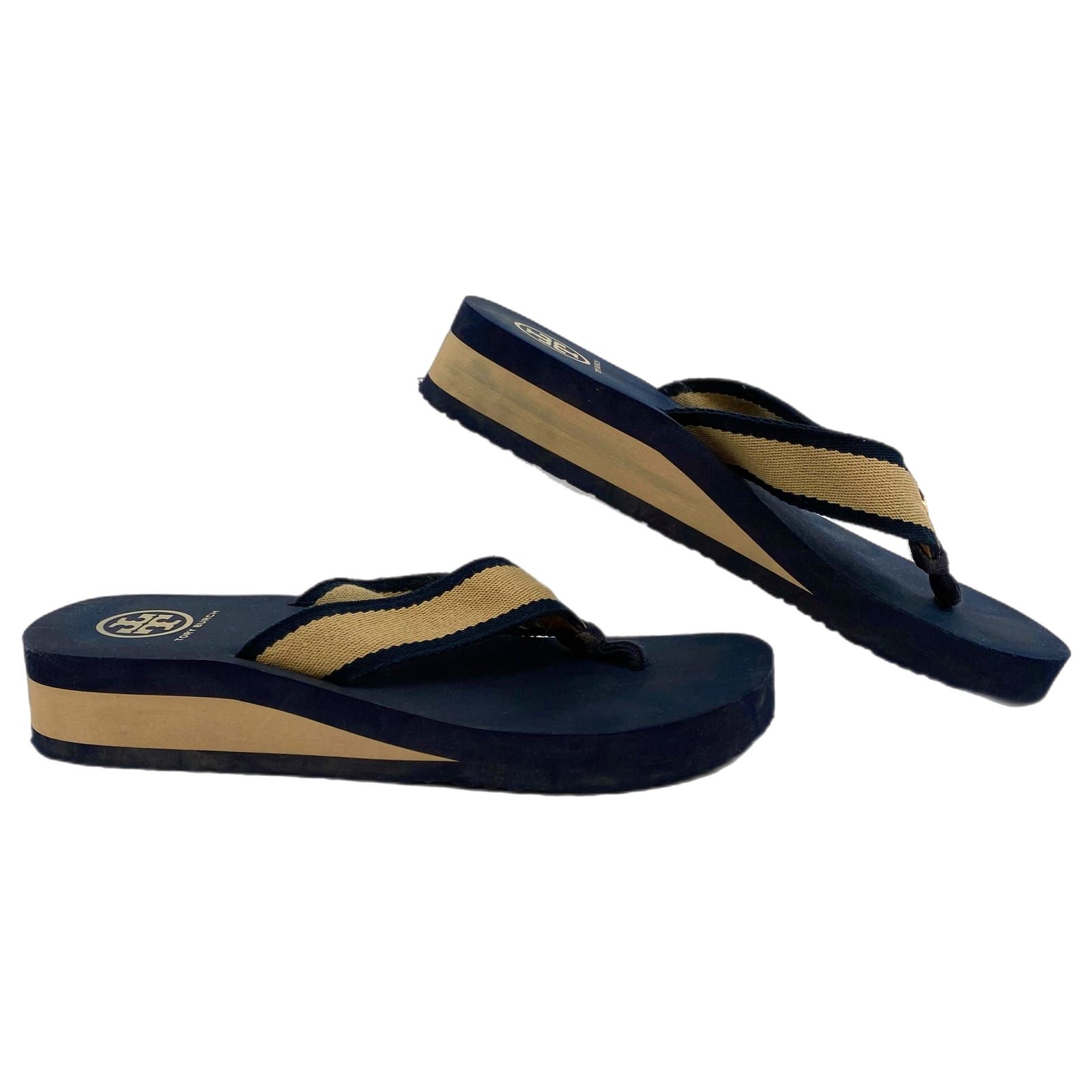Tory Burch Blue Beige Wedge Flip Flops
