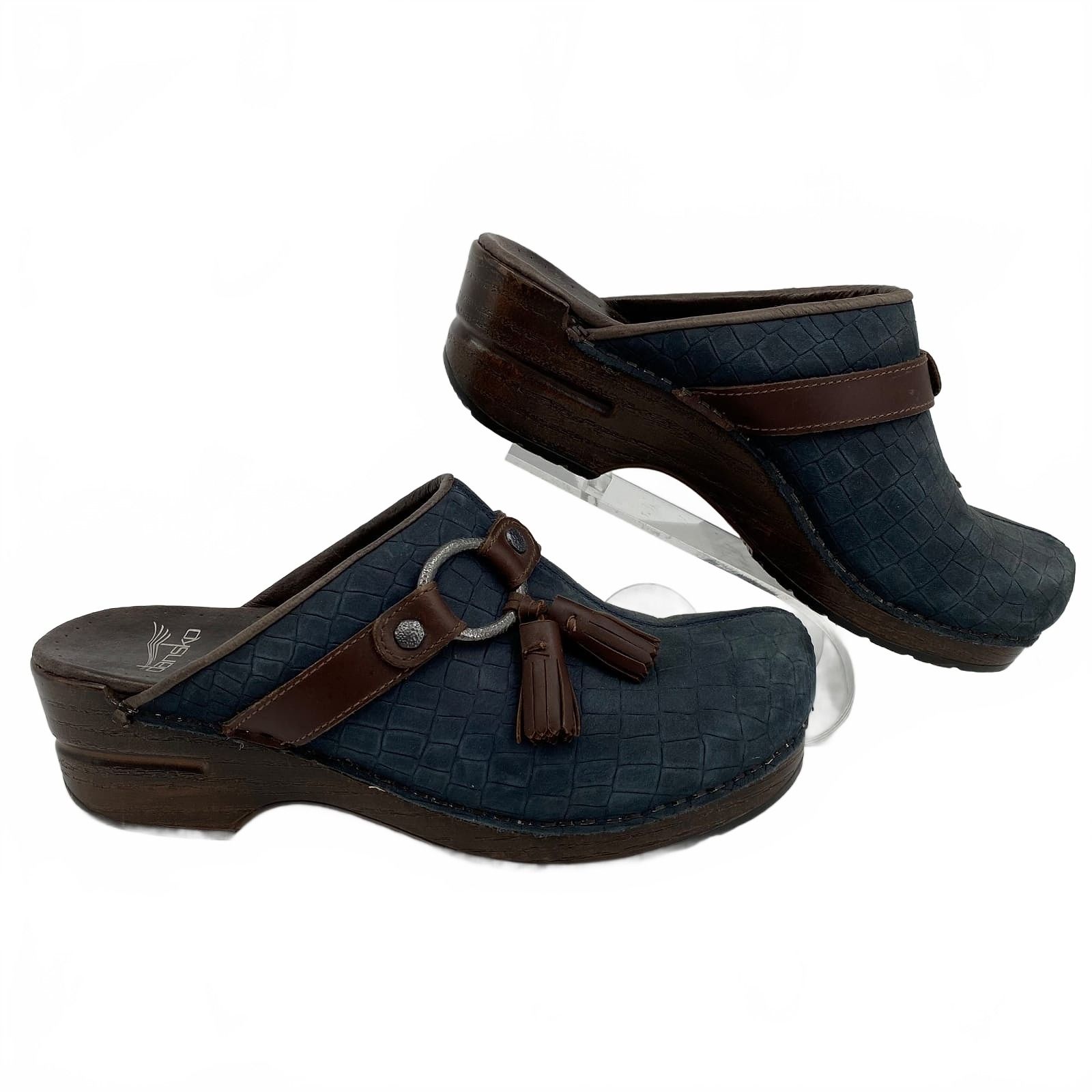 Dansko Blue Brown Tassel Accent Mule Clogs