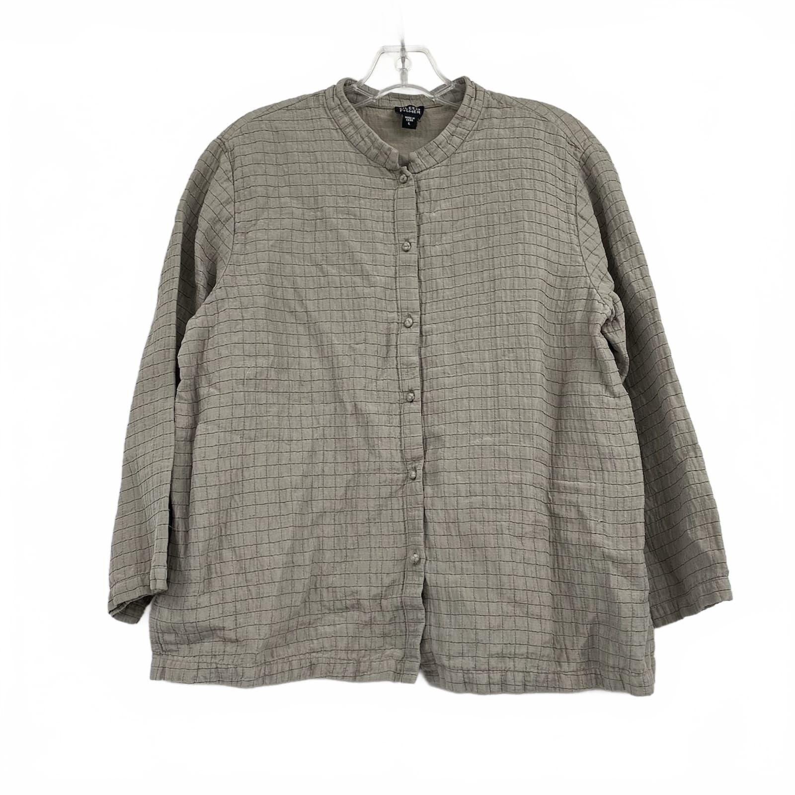 Eileen Fisher Gray Silk Linen Grid Blouse