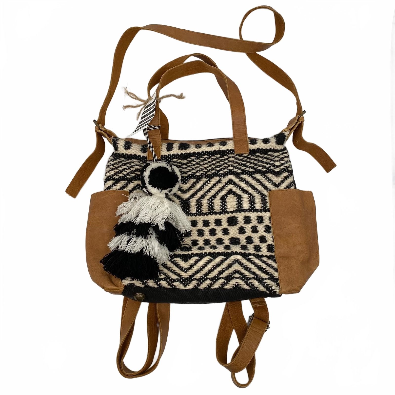 Stanley Street Black Cream Woven Tassel Convertible Tote