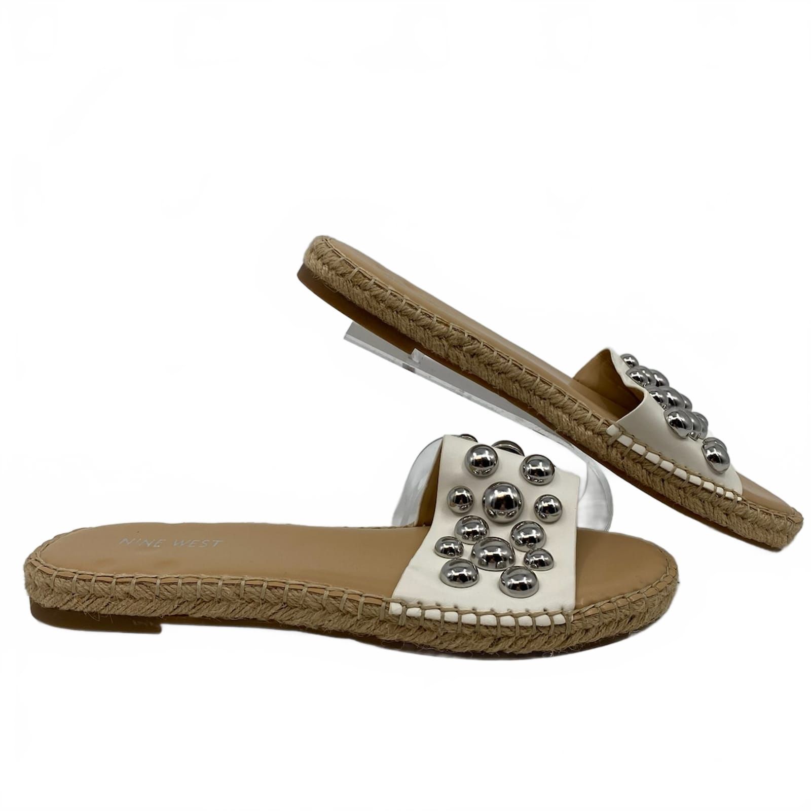Nine West White Silver Studded Slide Sandals