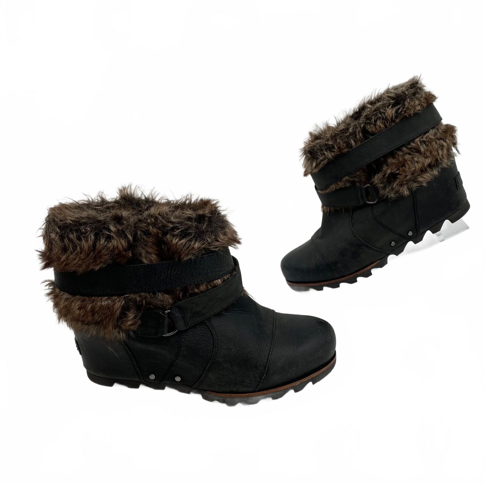 Sorel Black Ankle Boots Fur Trim