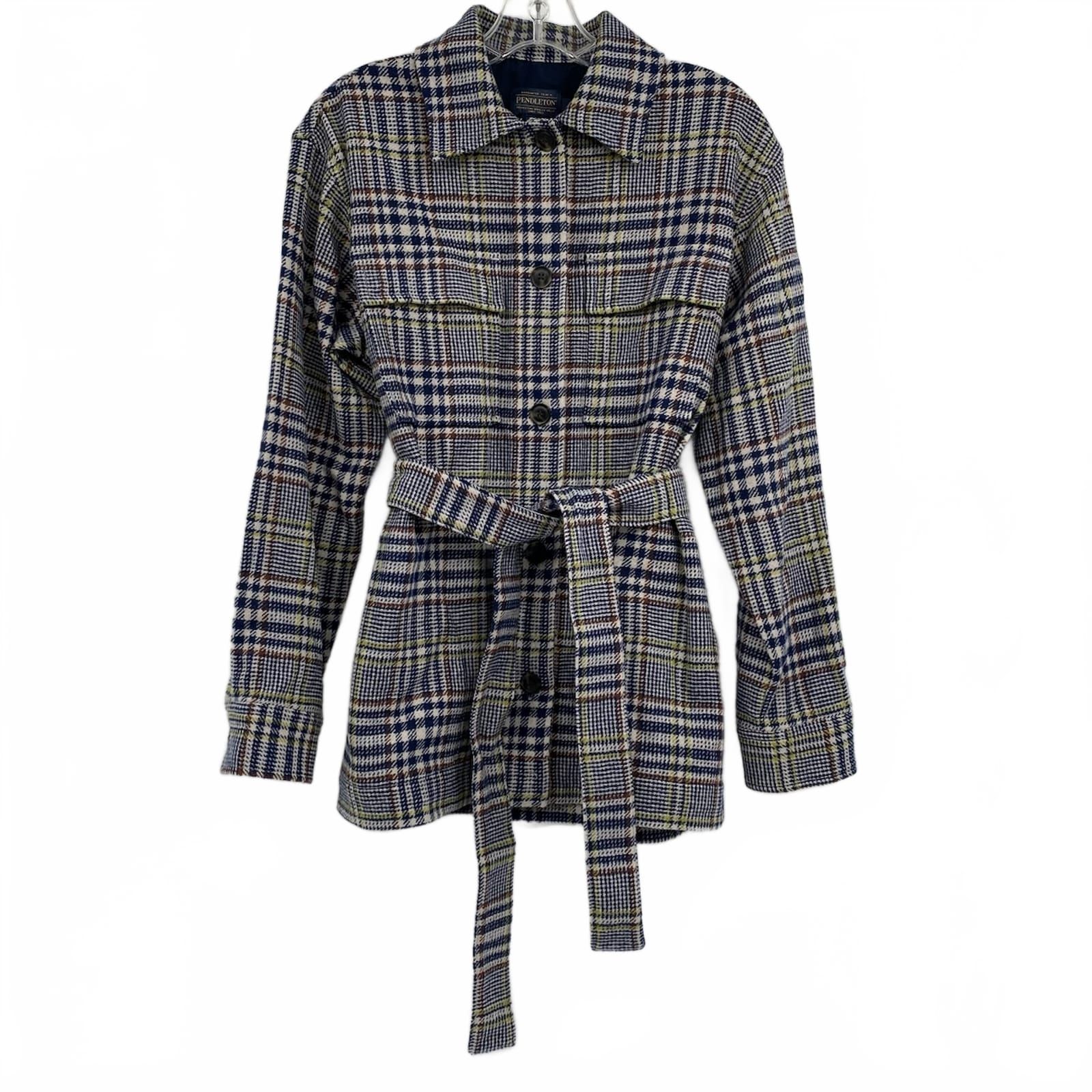 Pendleton Blue Green Plaid Wool Belted Shacket