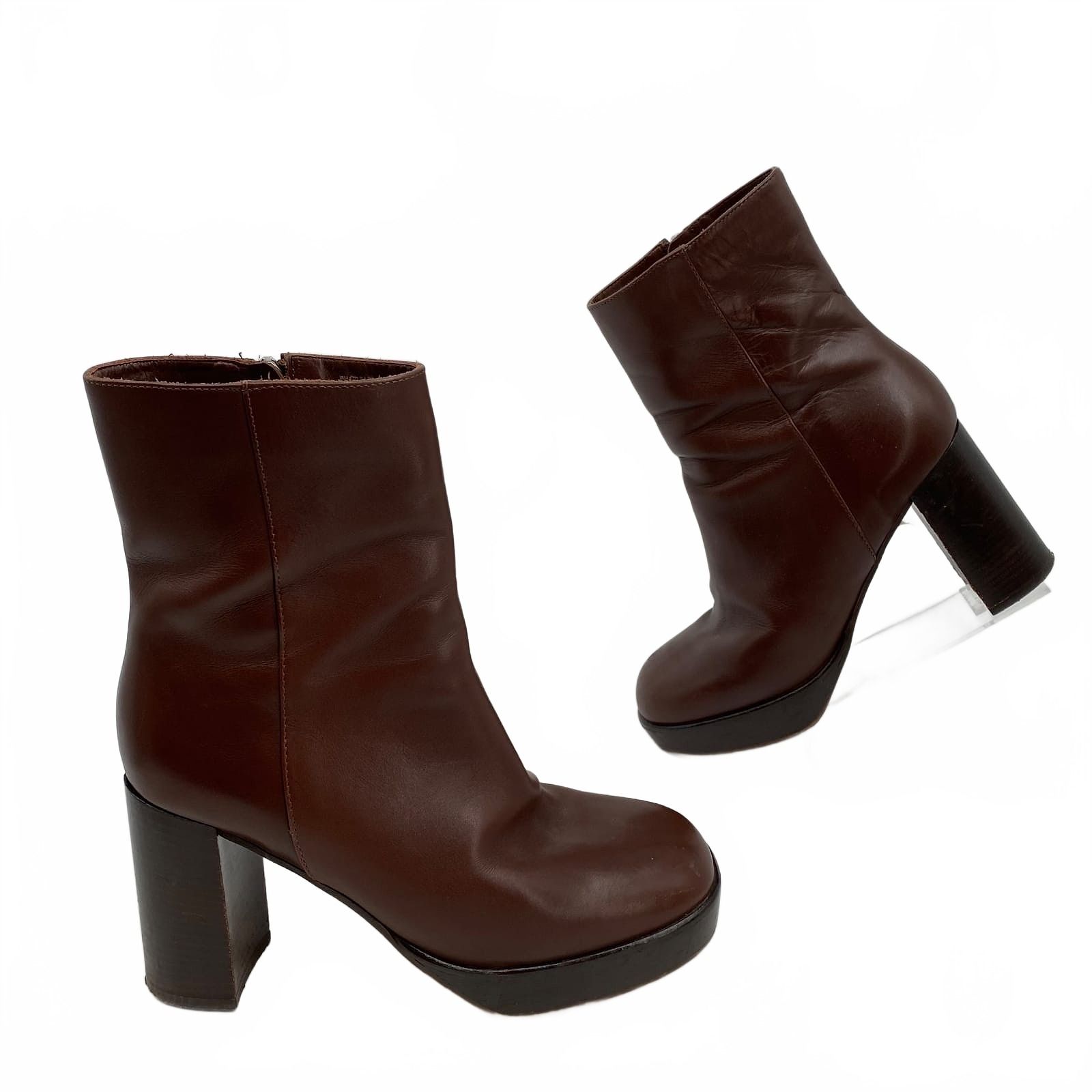 J. Crew Heeled Boots Stack Platform Brown Leather