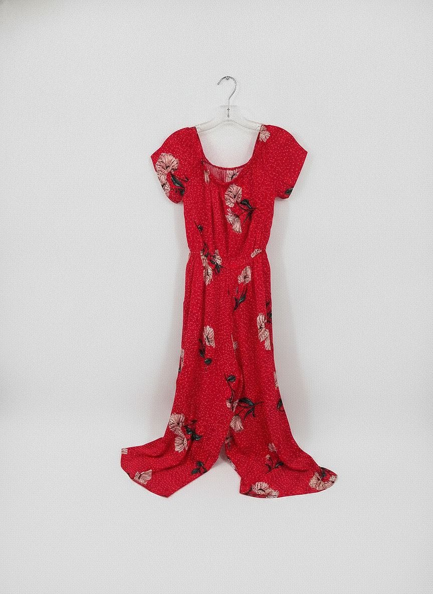 Love, Fire Red/White Polka Dot Off-Shoulder Jumpsuit