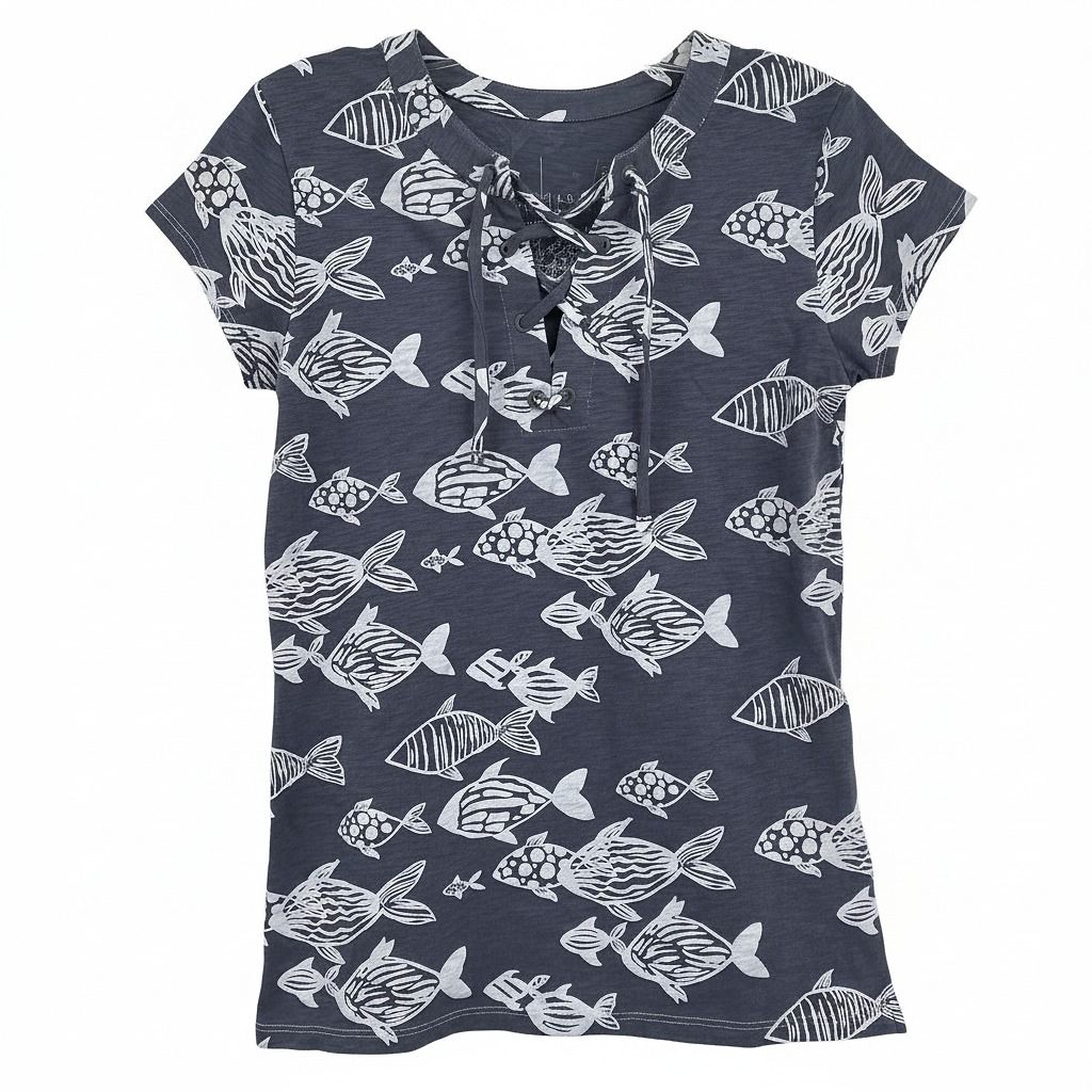 Hiho Gray White Lace-Up Neckline Fish Print Tee