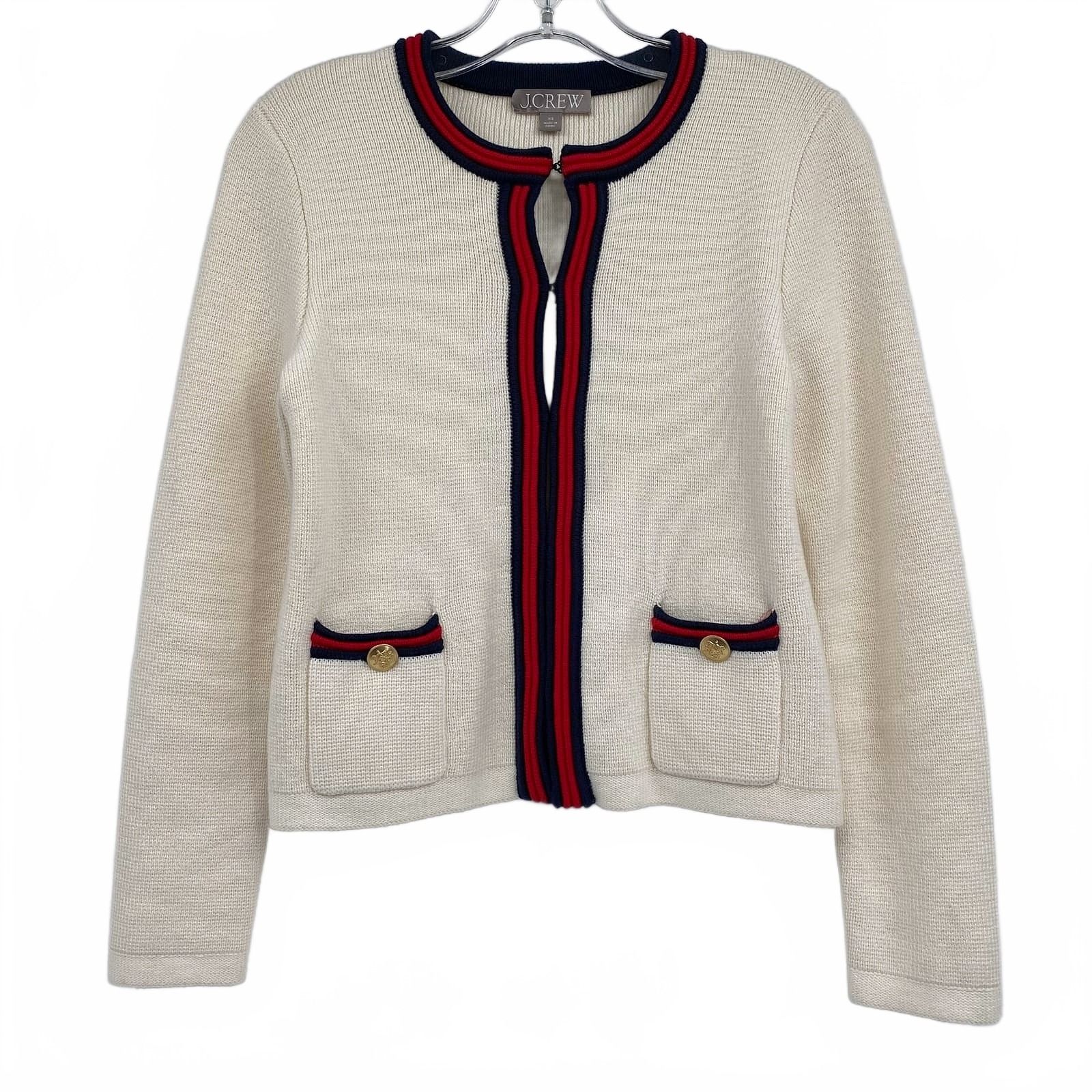 J. Crew Cream Red Navy Contrast Trim Cardigan