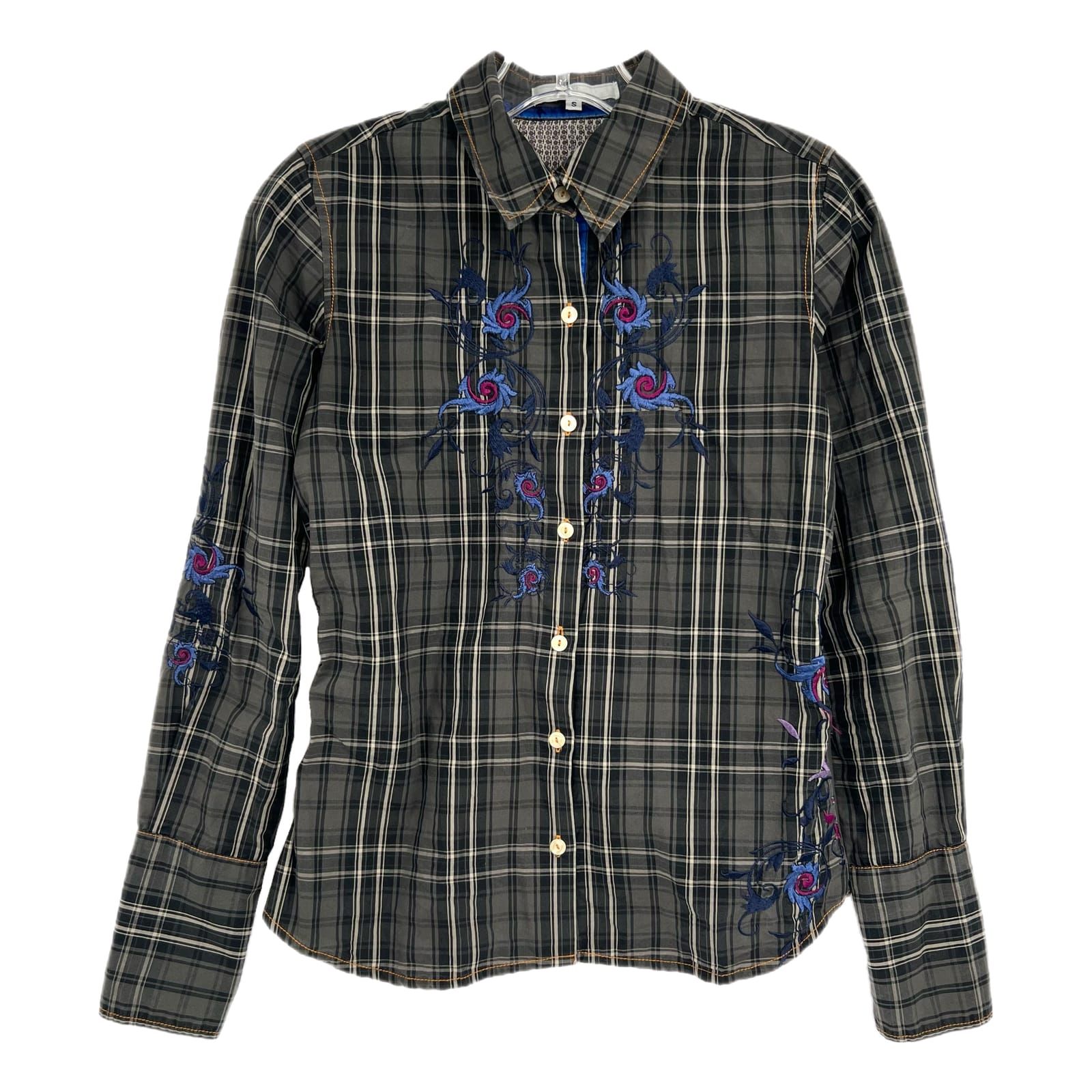 3J Gray Black Plaid Embroidered Button Up Shirt
