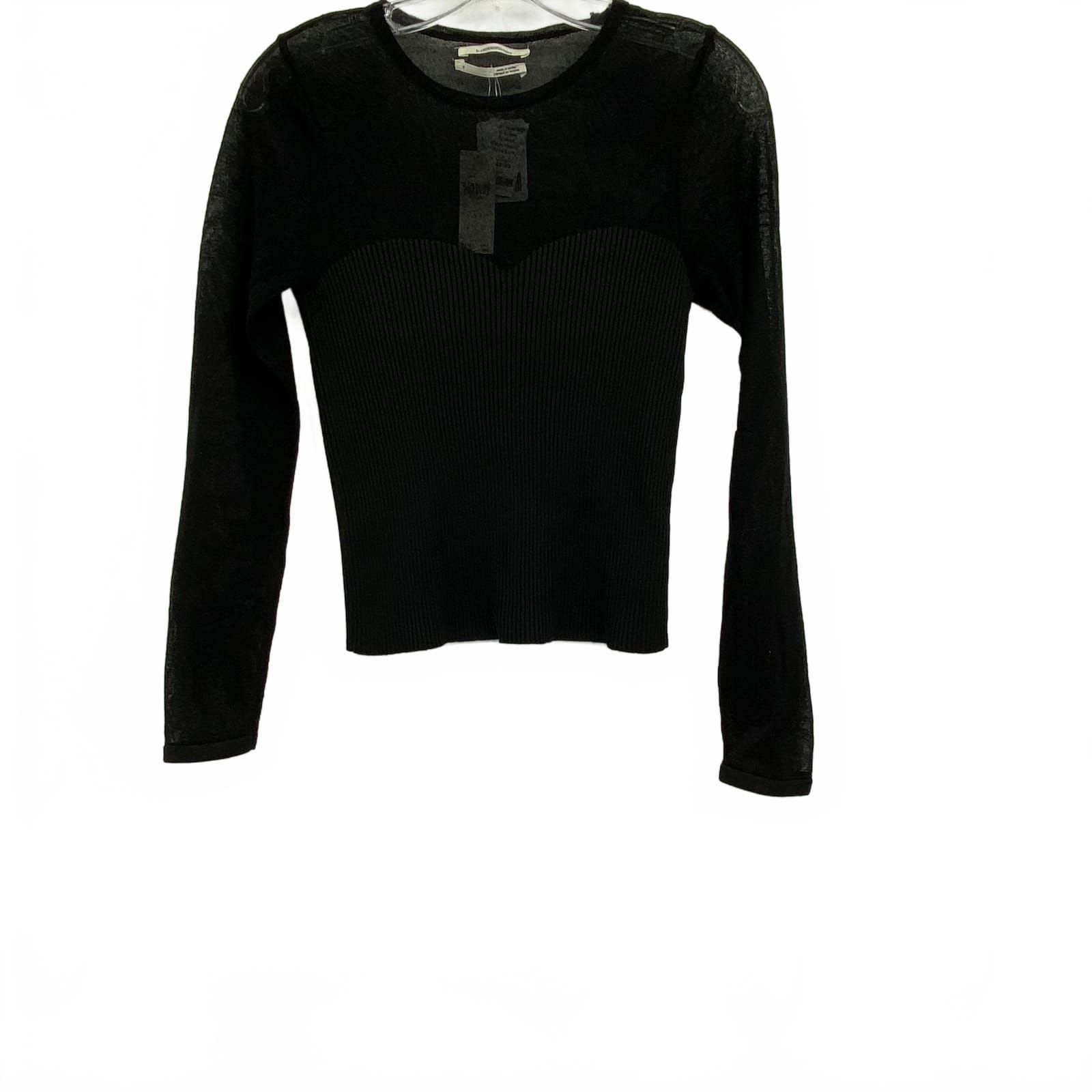 Anthropologie Black Ribbed Sweetheart Neck Long Sleeve Blouse
