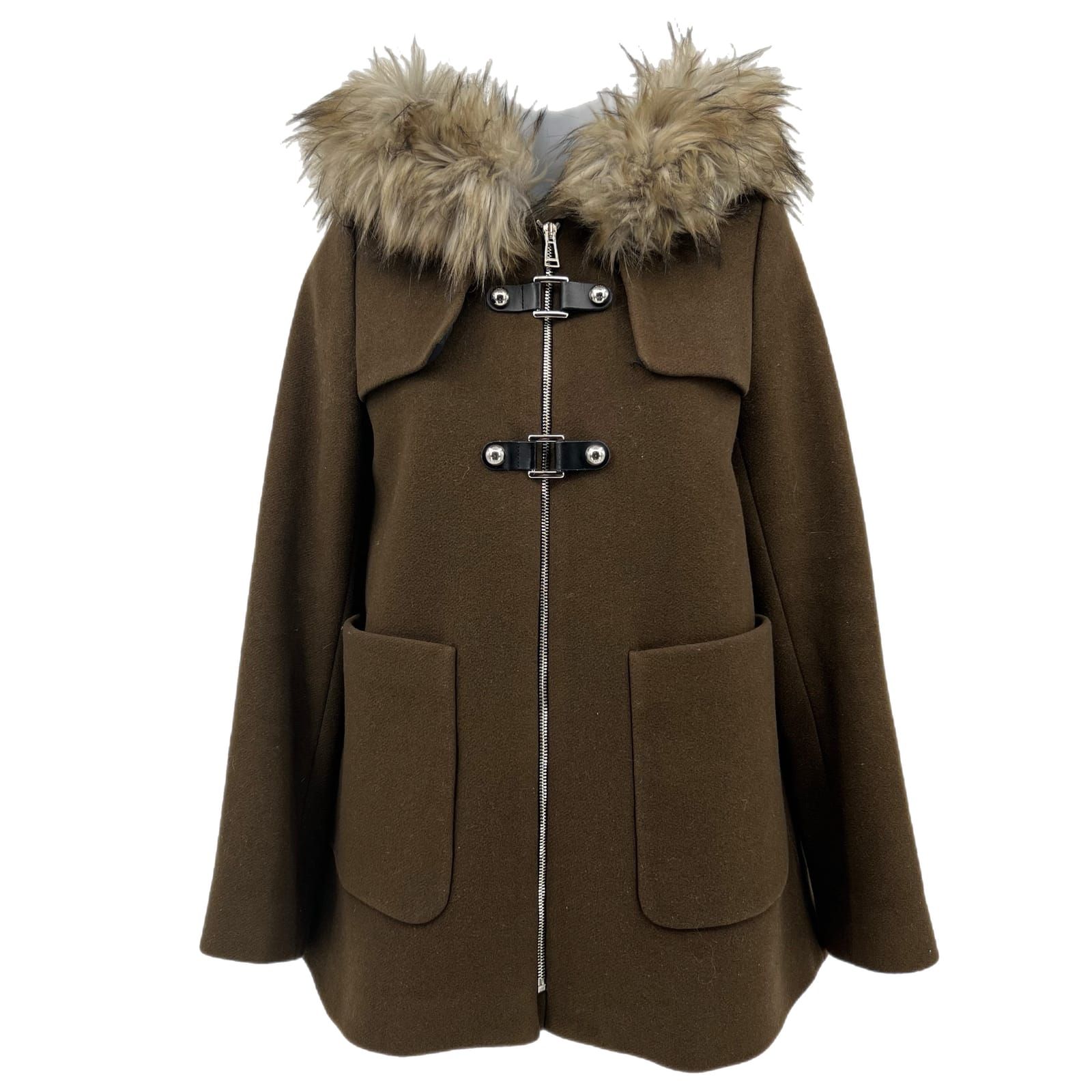 Zara Brown Wool-Blend Pea Coat with Fur Trim Accent