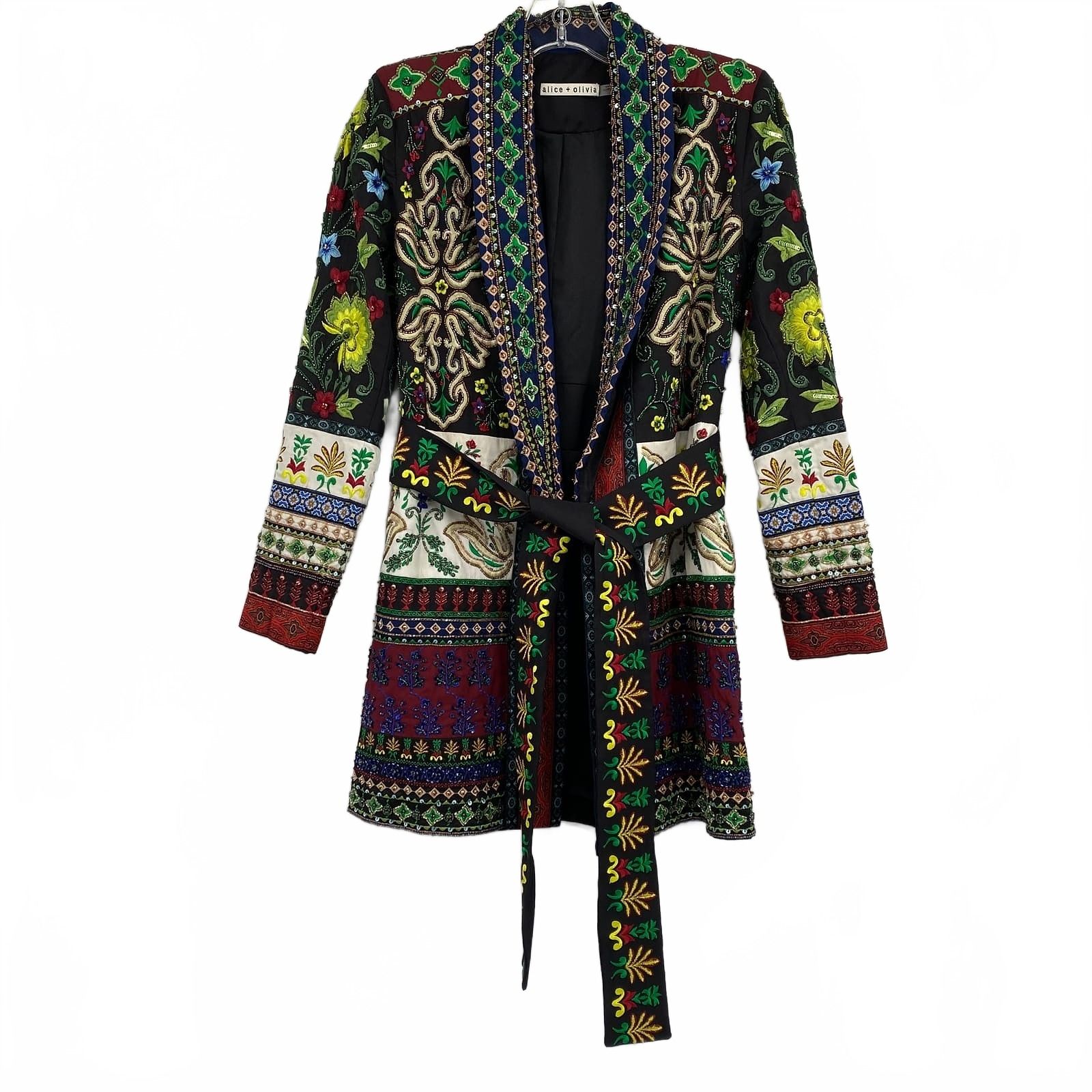 Alice + Olivia Black Green Beaded Embroidered Belted Blazer Jacket