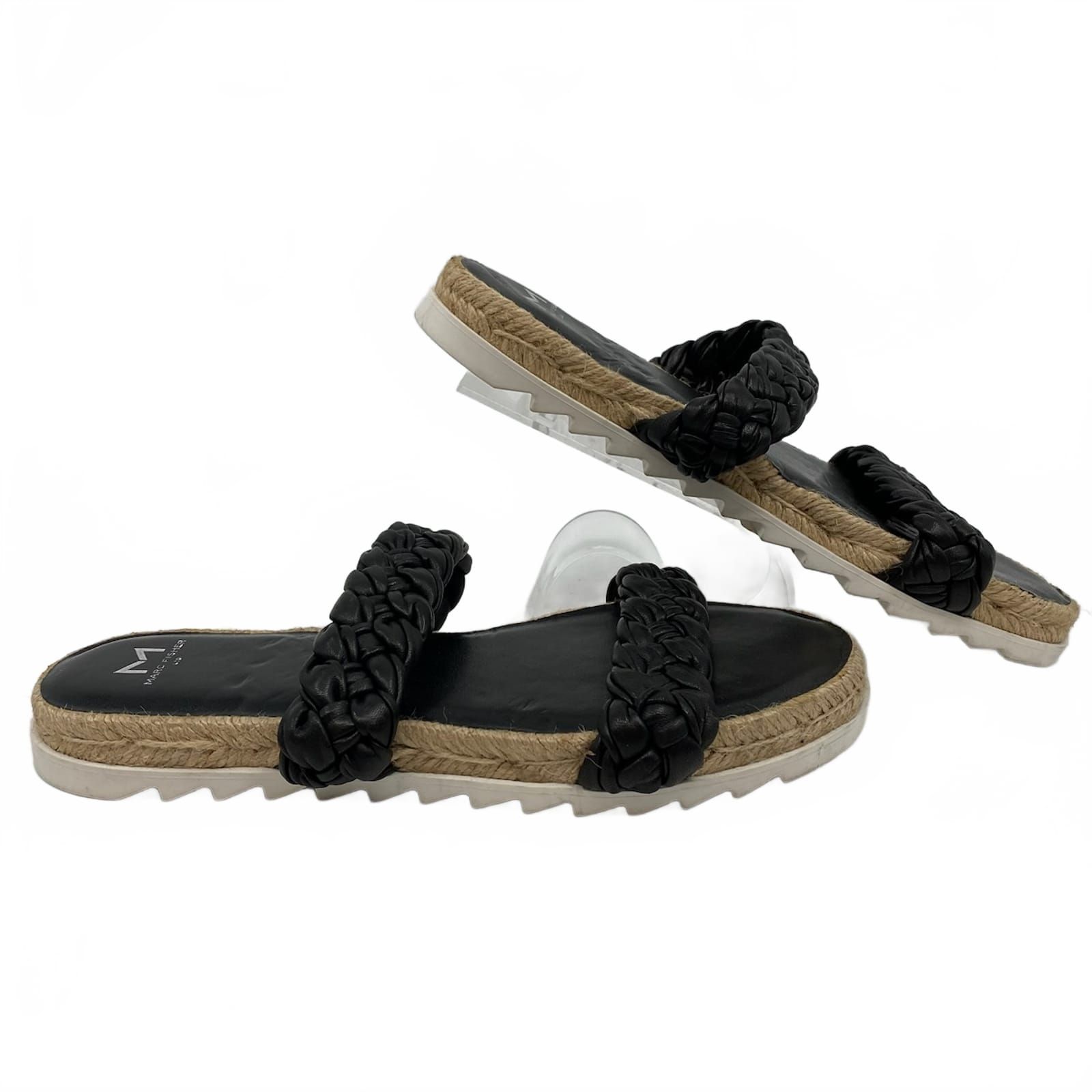 Marc Fisher Black Leather Woven Strap Slide Sandals