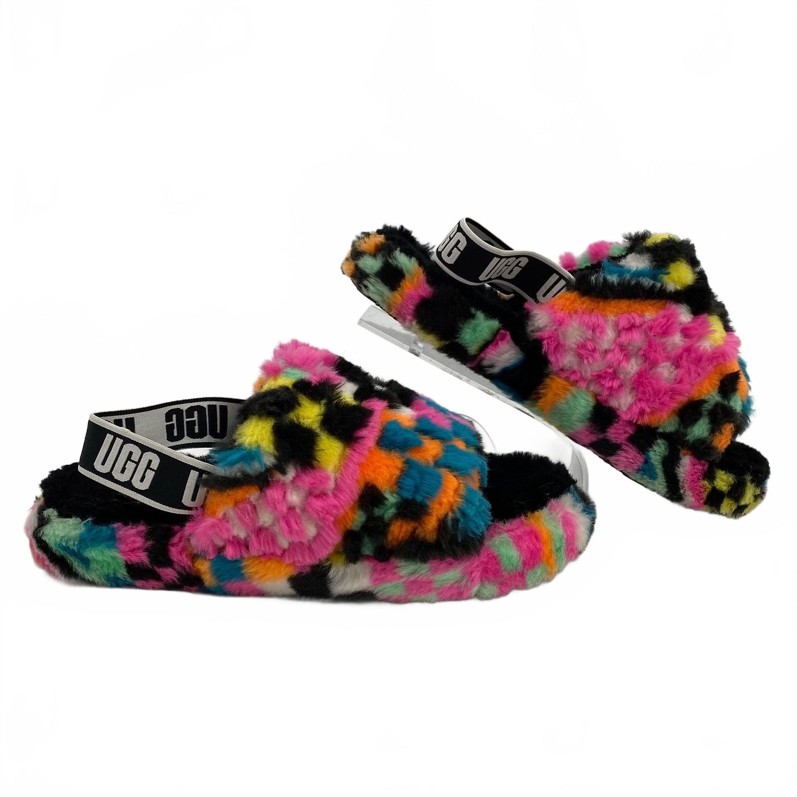 UGG Black Pink Multicolored Checkered Fluff Ya Slide Slippers