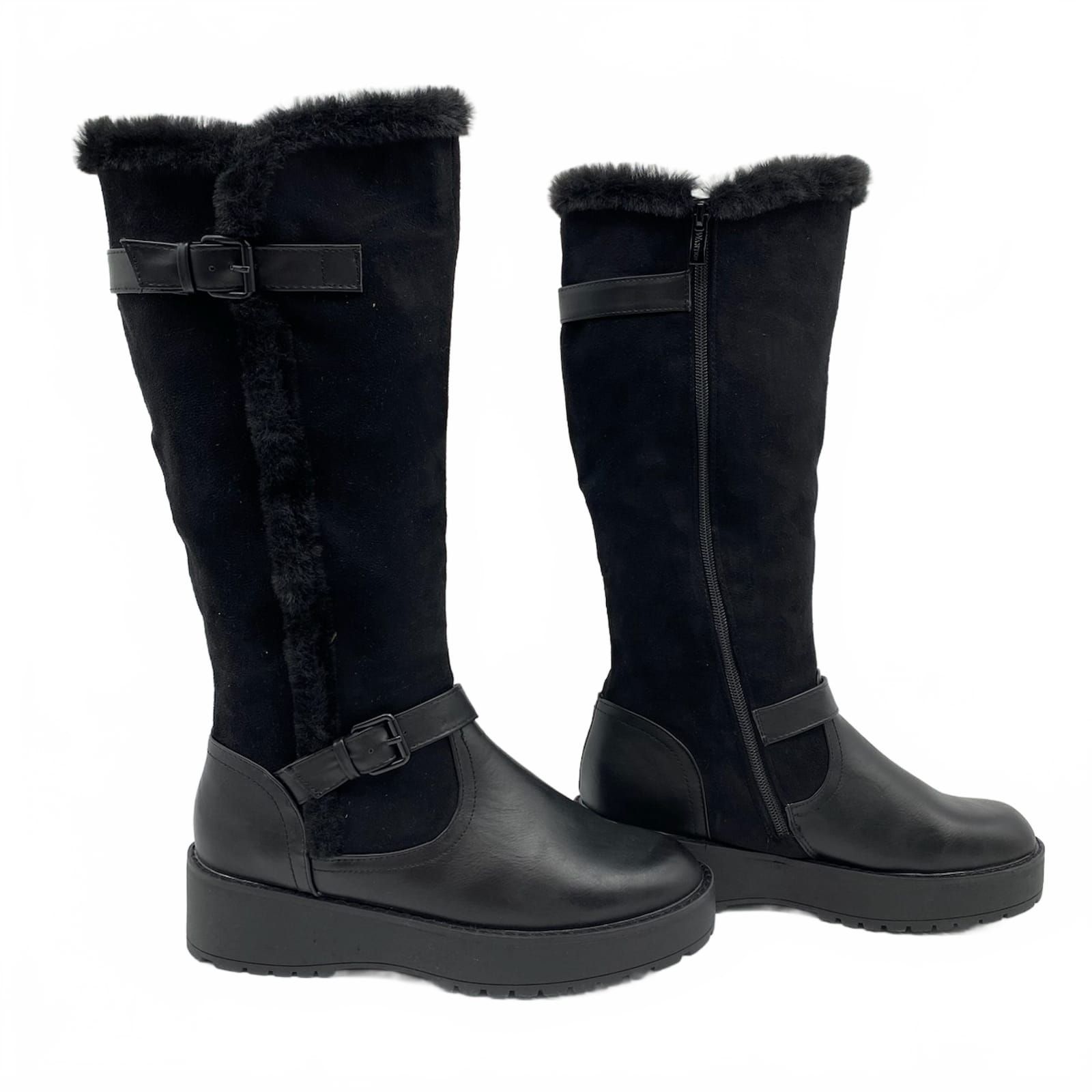 Wanted Black Faux Fur Trim Platform Knee-High Boots